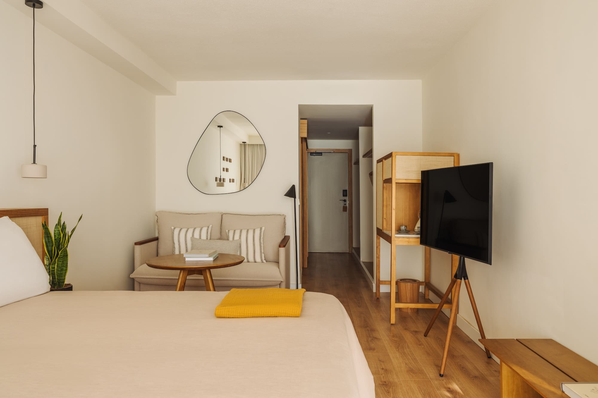 a room with a bed and a television