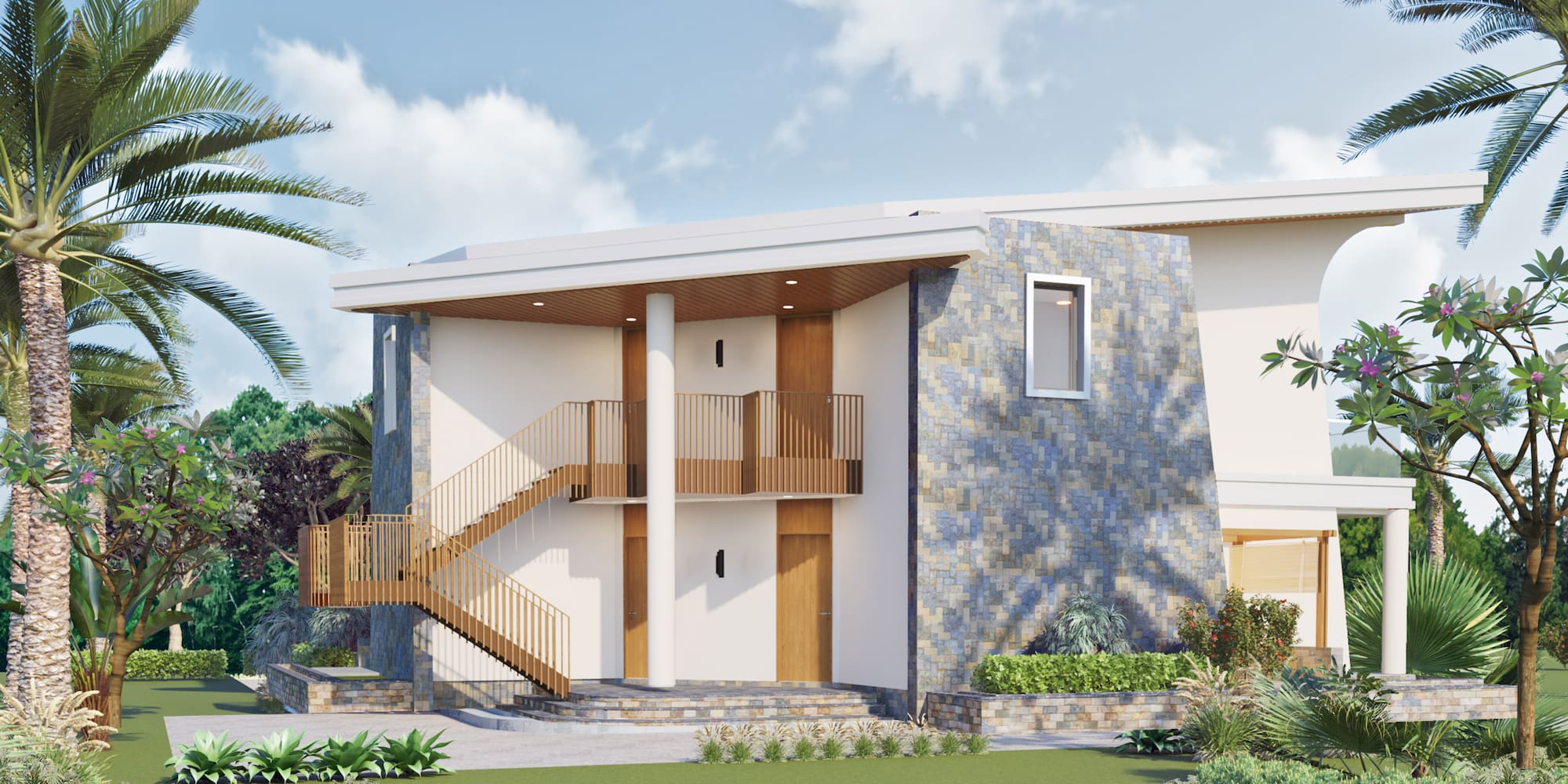 Modern tropical house with blue stone facade, wood staircase, and palm trees.