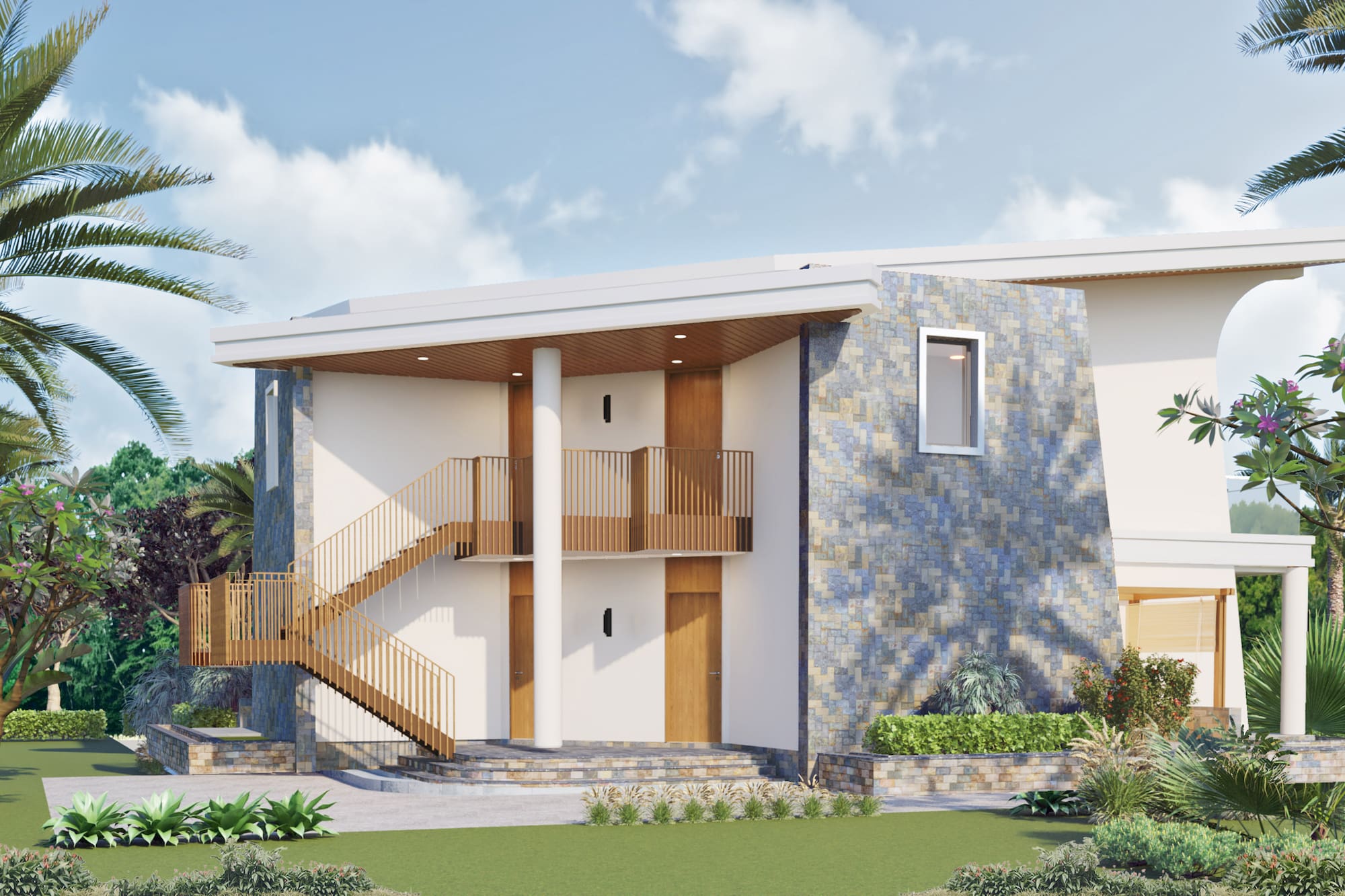 Modern tropical house with blue stone facade, wood staircase, and palm trees.