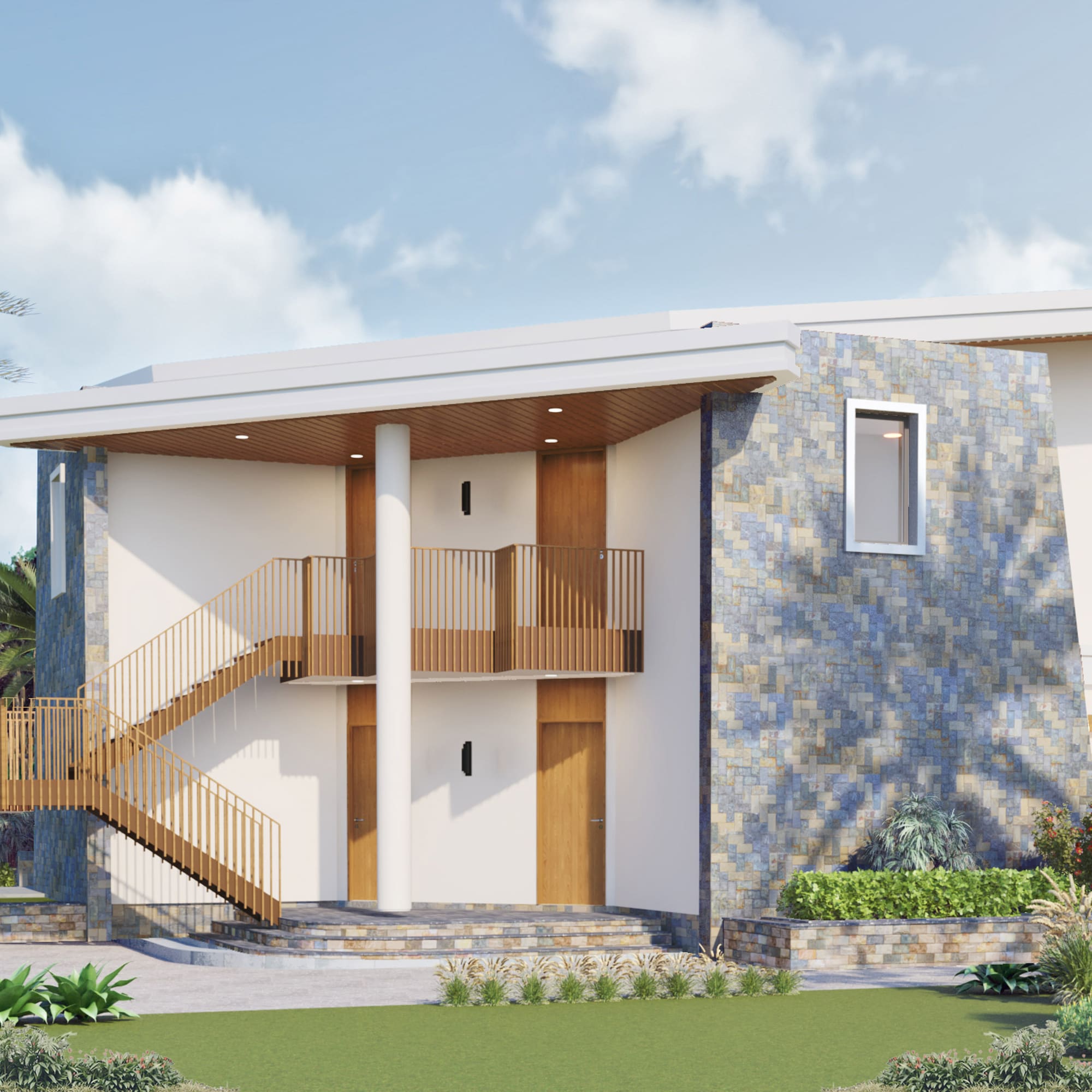 Modern tropical house with blue stone facade, wood staircase, and palm trees.