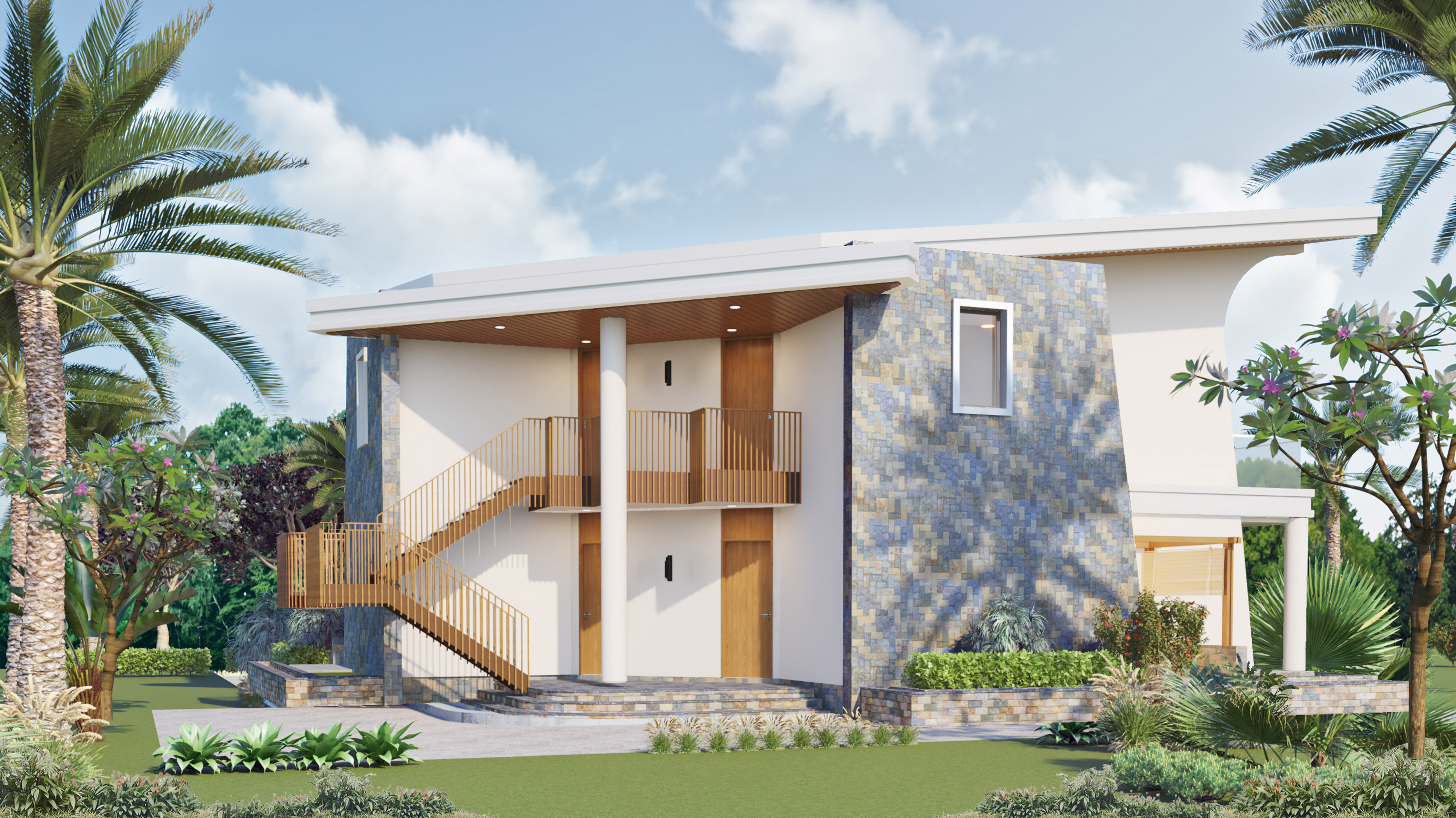Modern tropical house with blue stone facade, wood staircase, and palm trees.