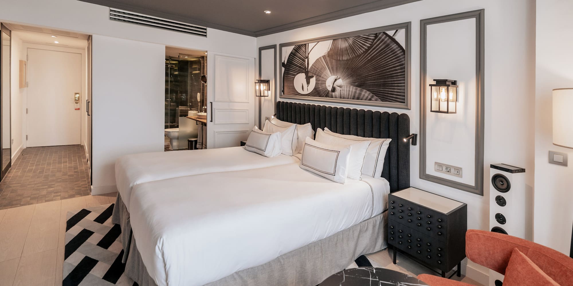 a room with a bed and a table