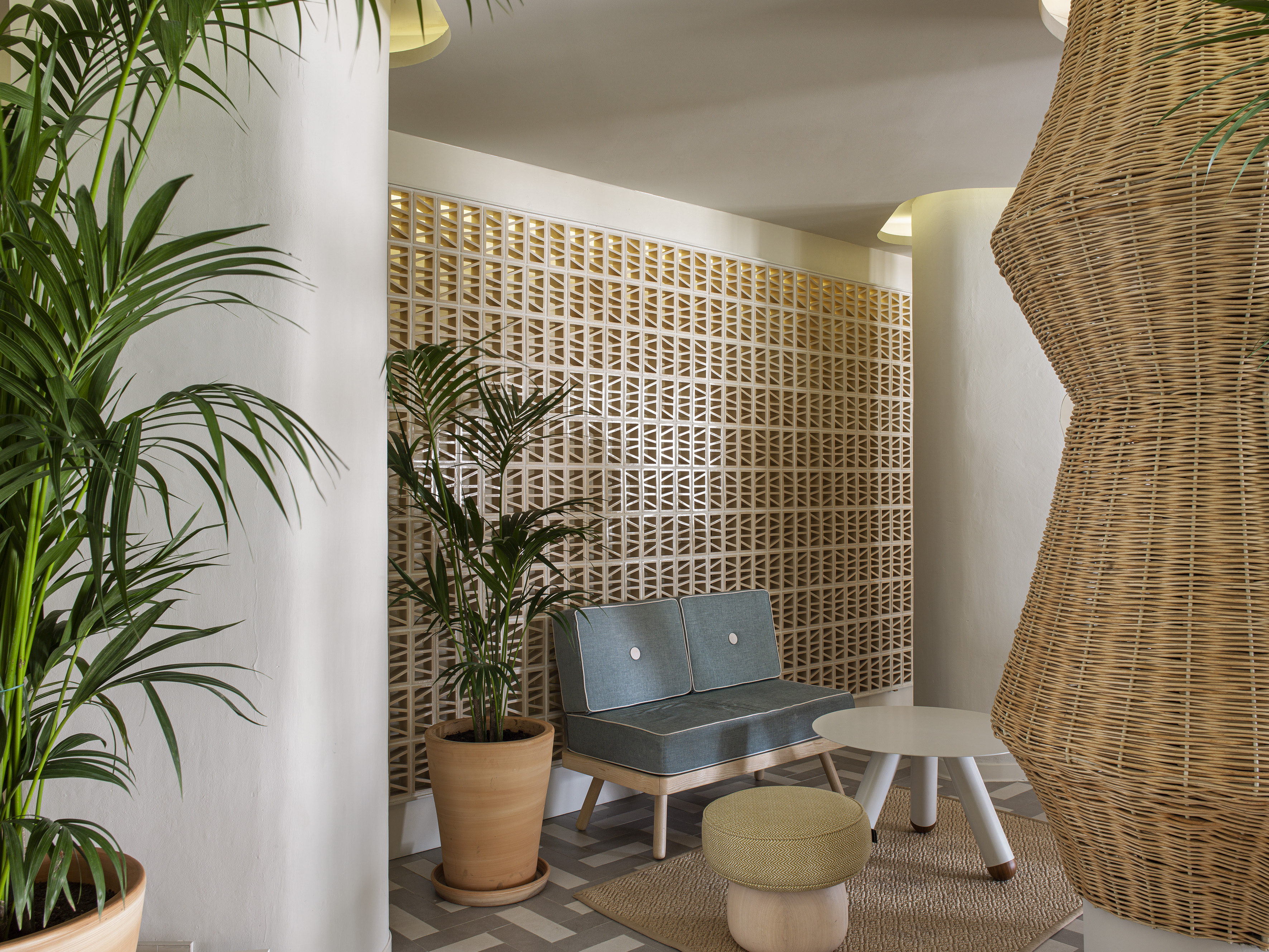 Tropical modern lounge: palm plants, blue seating, geometric screen, rattan decor.