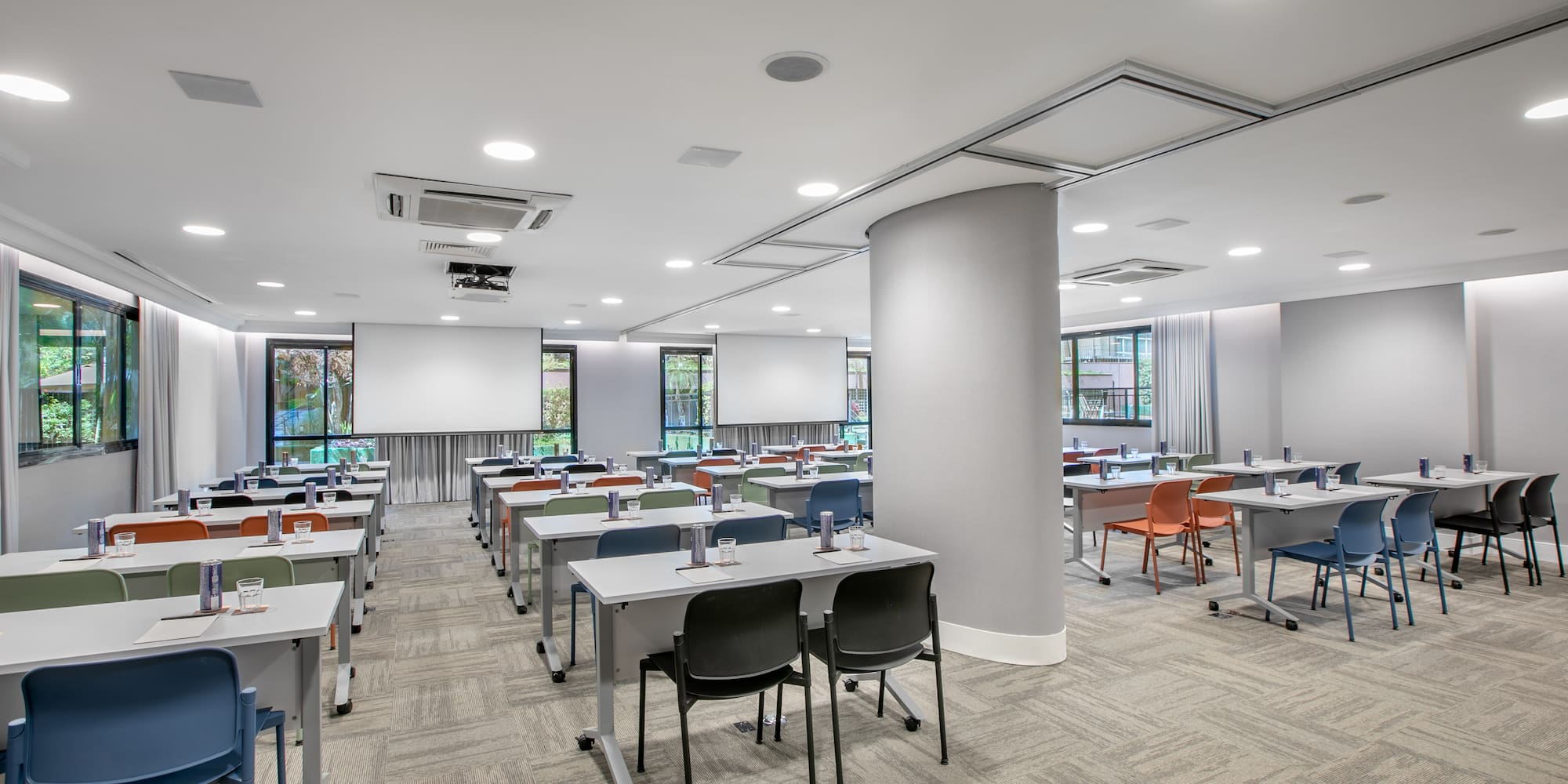 a room with tables and chairs