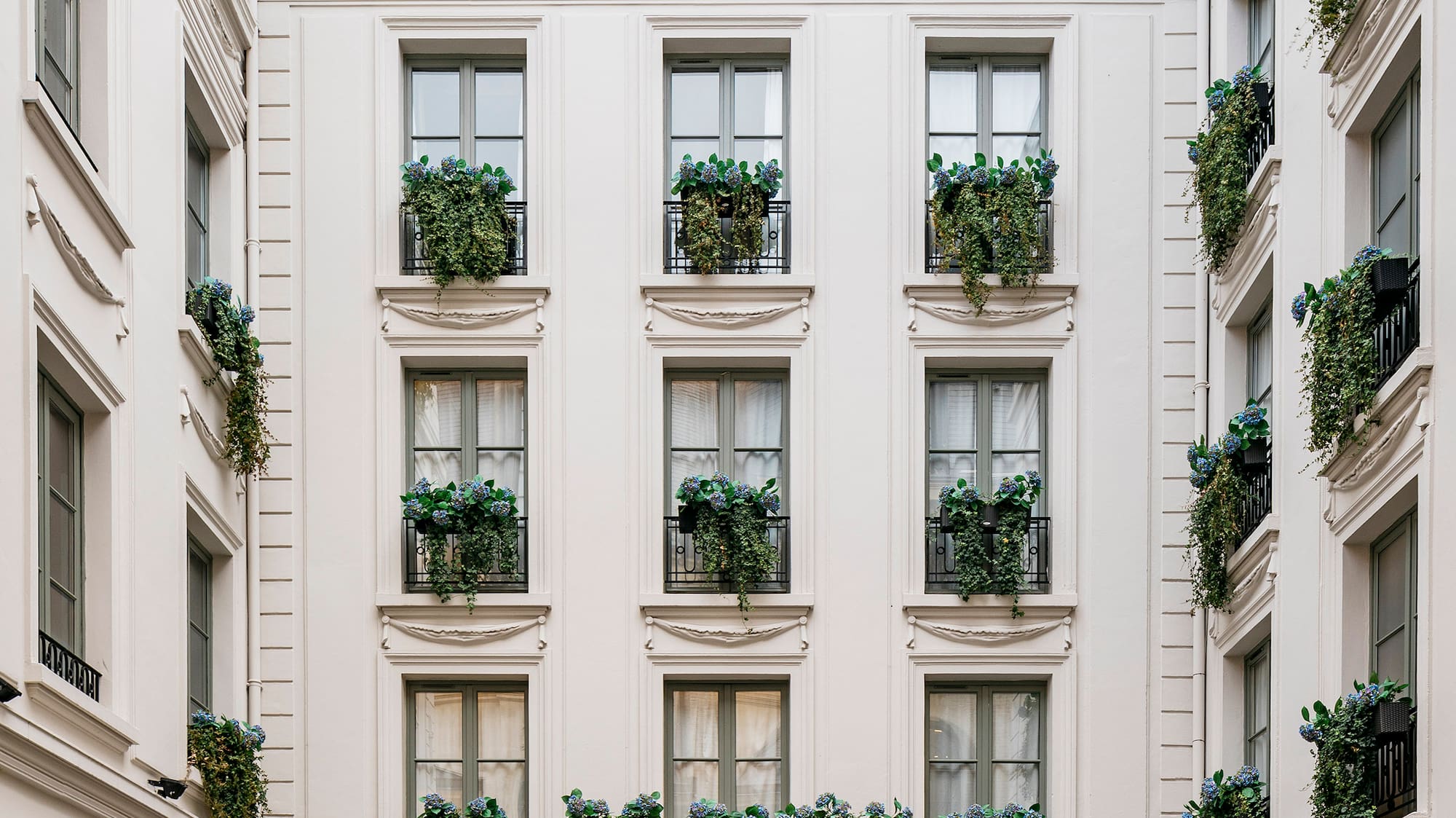 Maison Colbert hotel facade, Paris, green windows, overflowing flower boxes.