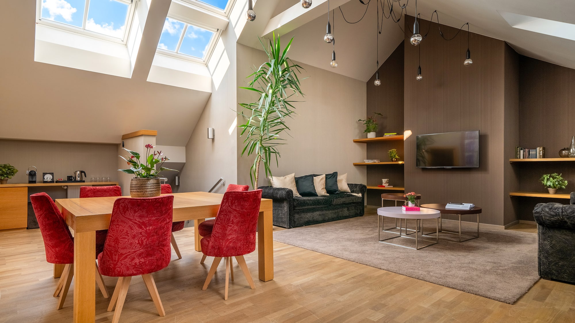 a room with a table and chairs