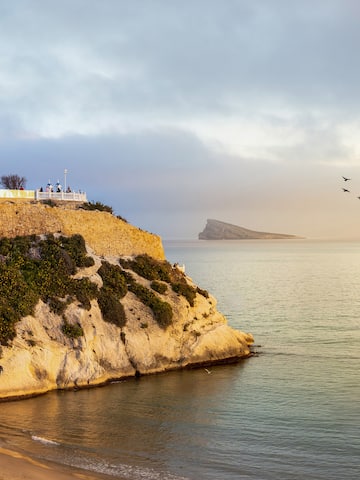 a cliff with a beach and birds flying over it