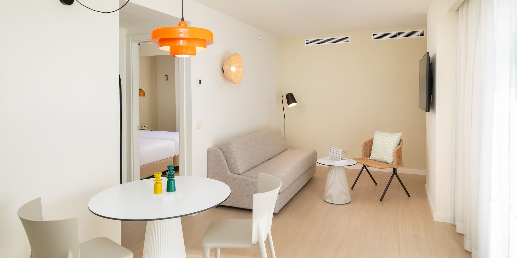 a room with a couch and table