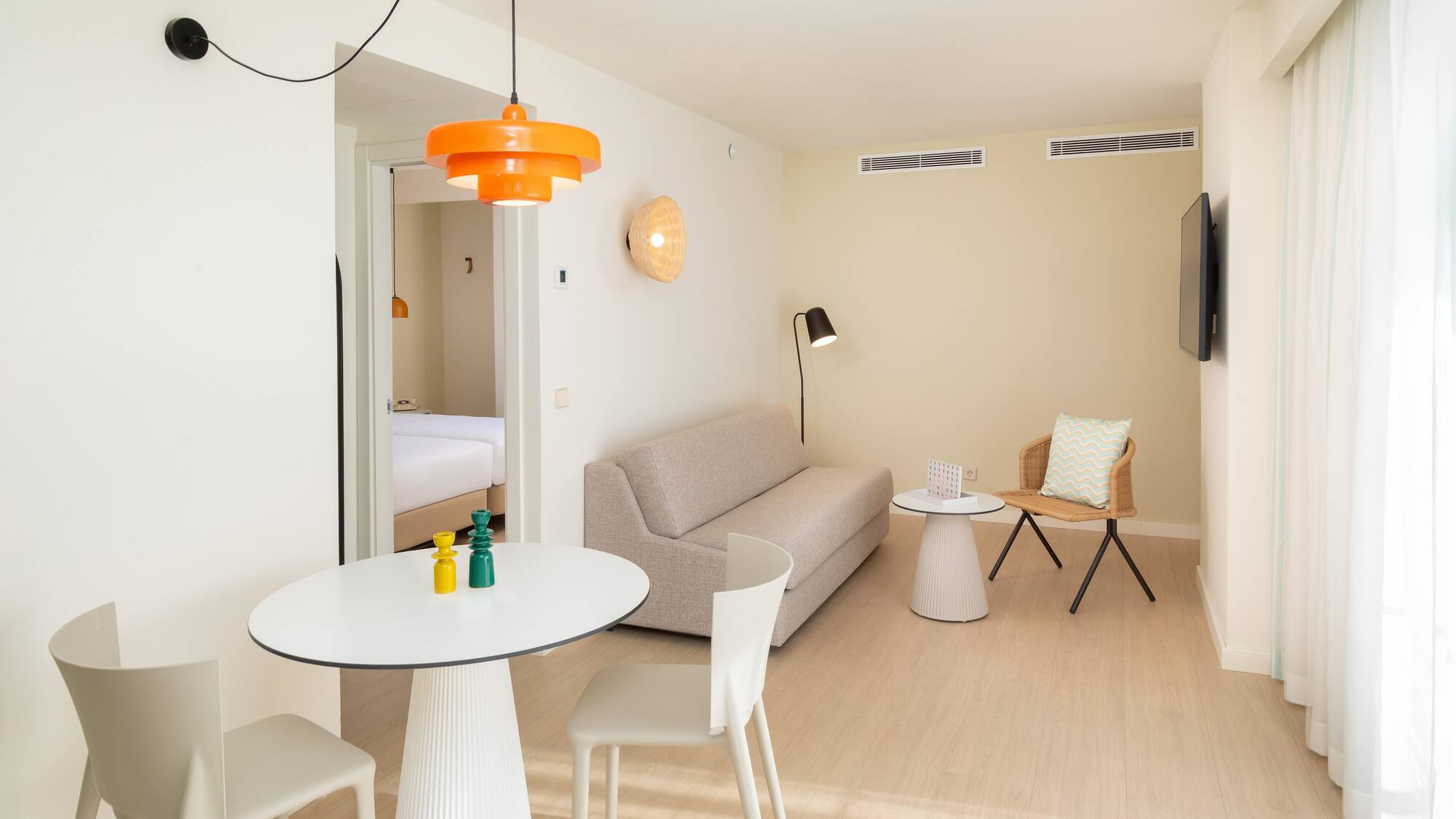 a room with a couch and table