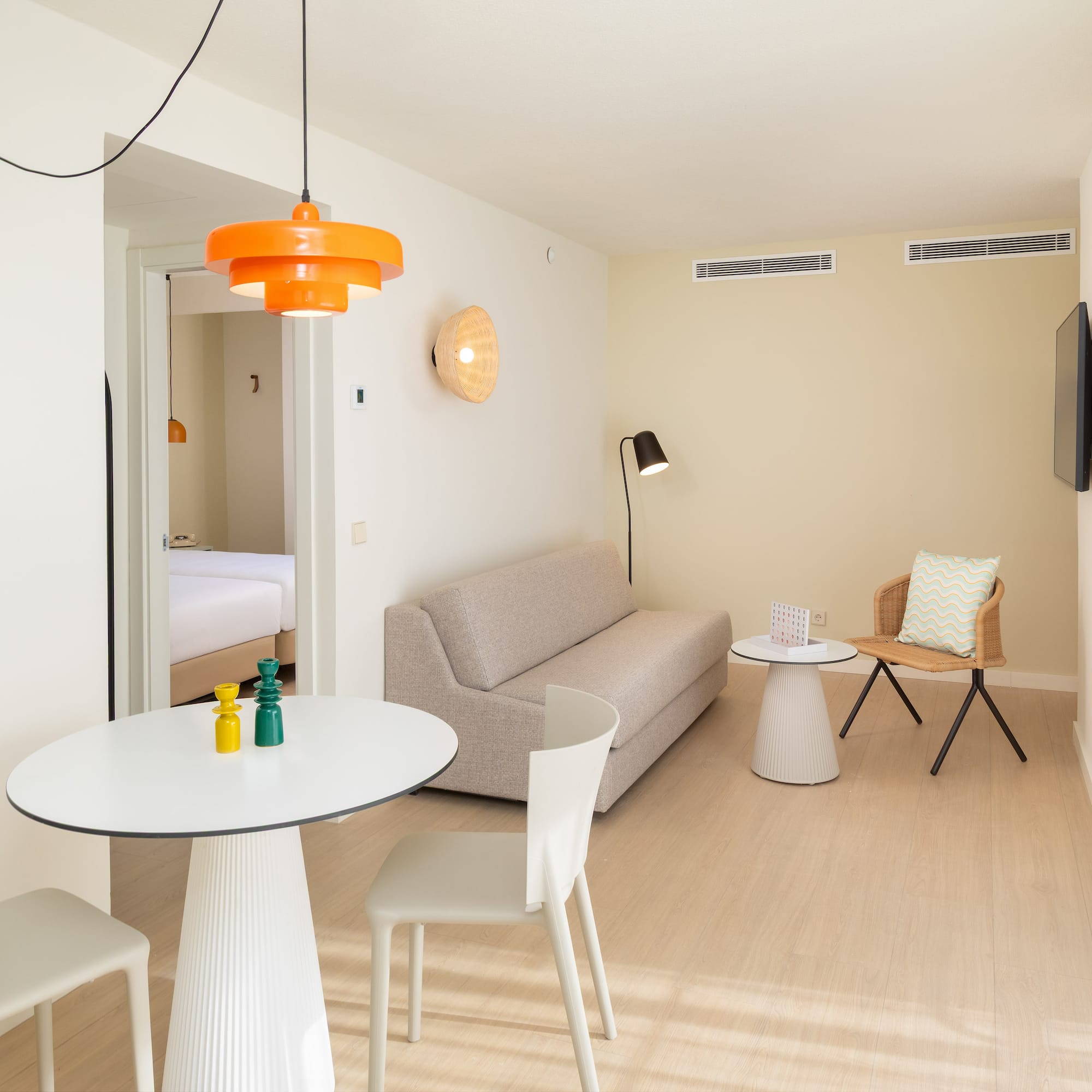 a room with a couch and table