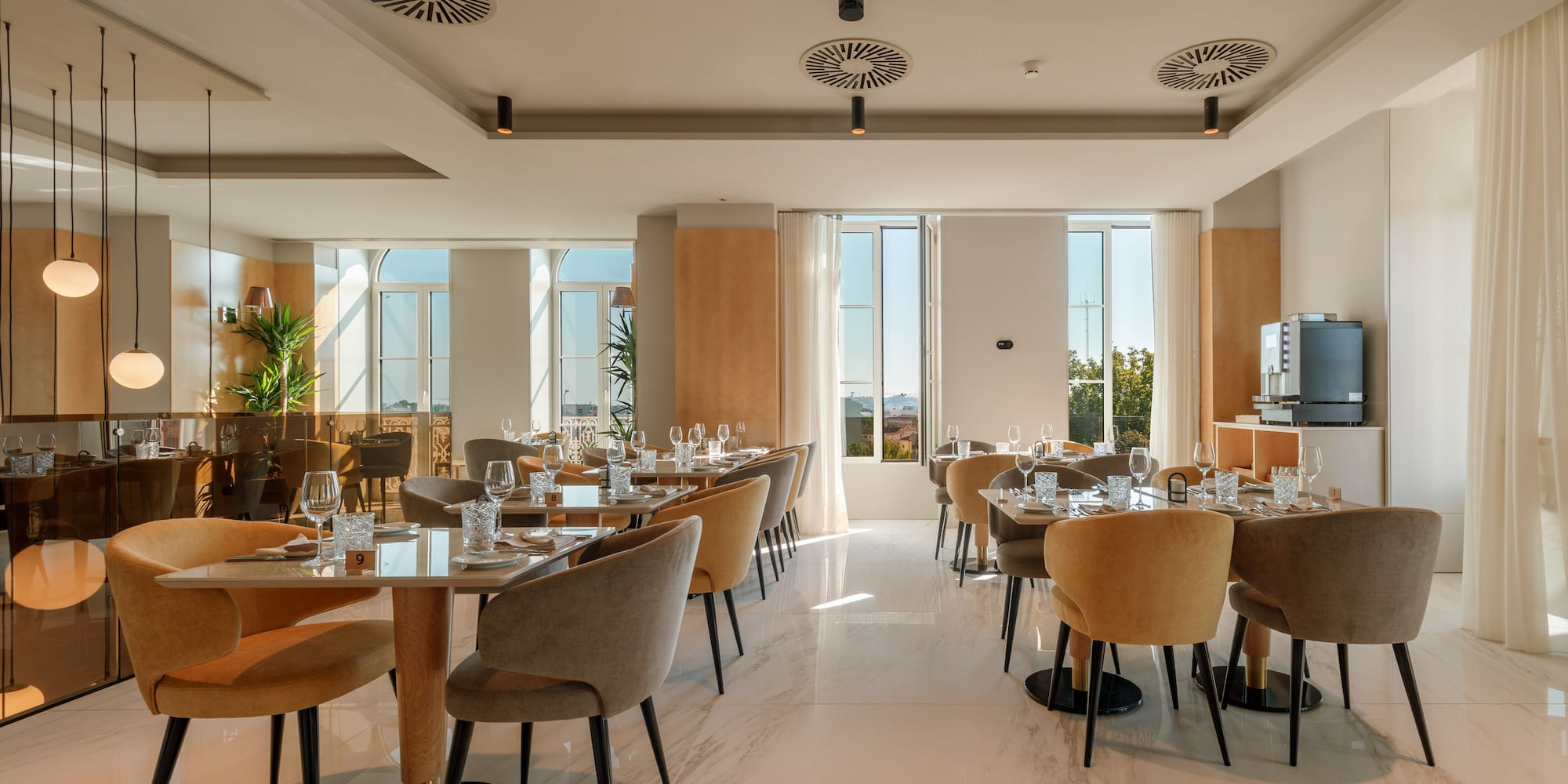 a room with tables and chairs