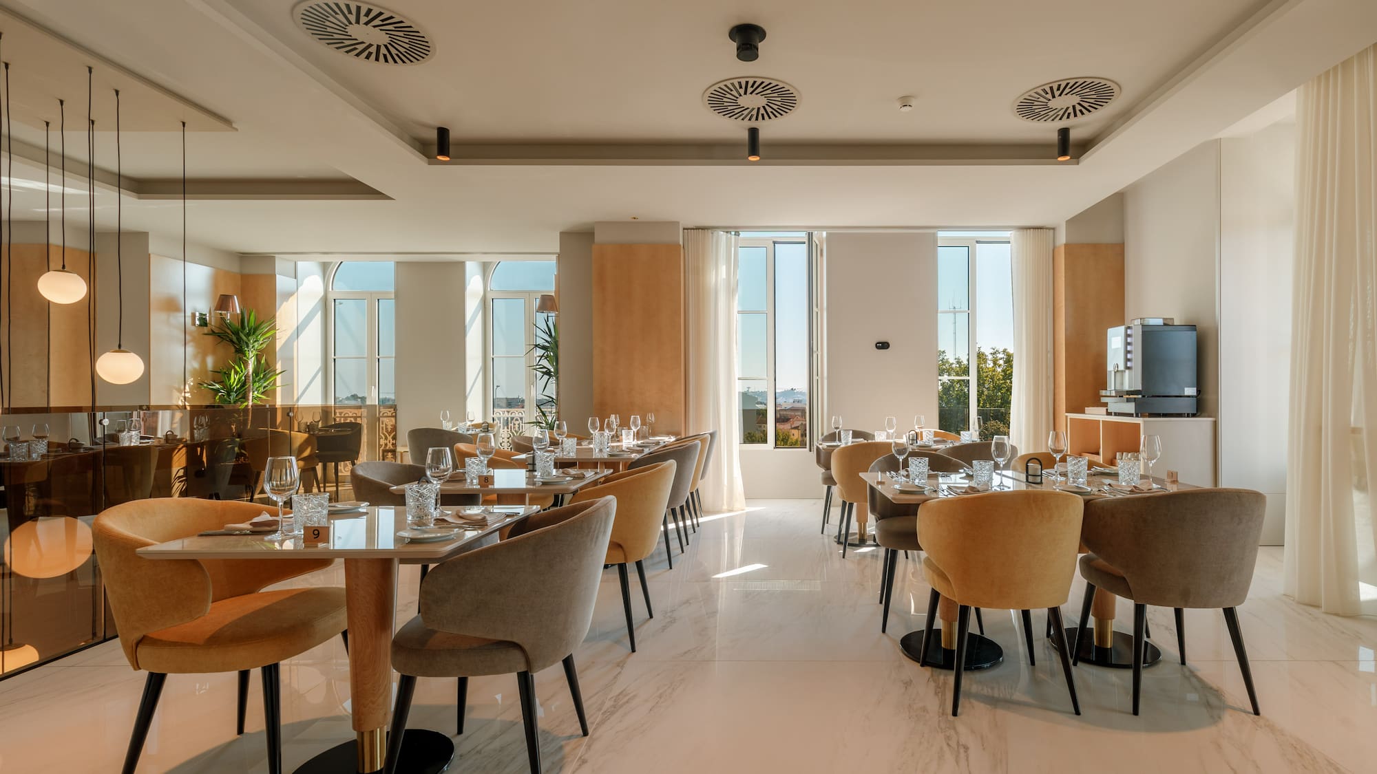 a room with tables and chairs