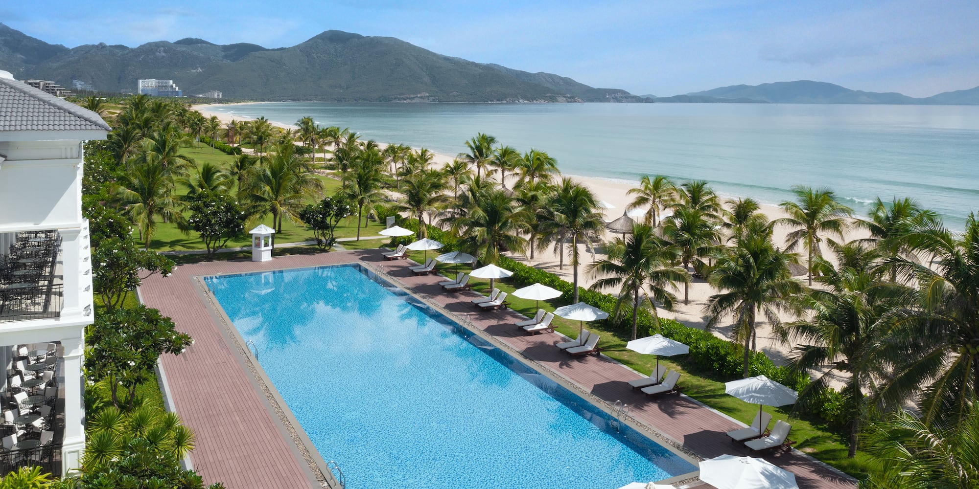 a swimming pool with palm trees and a beach