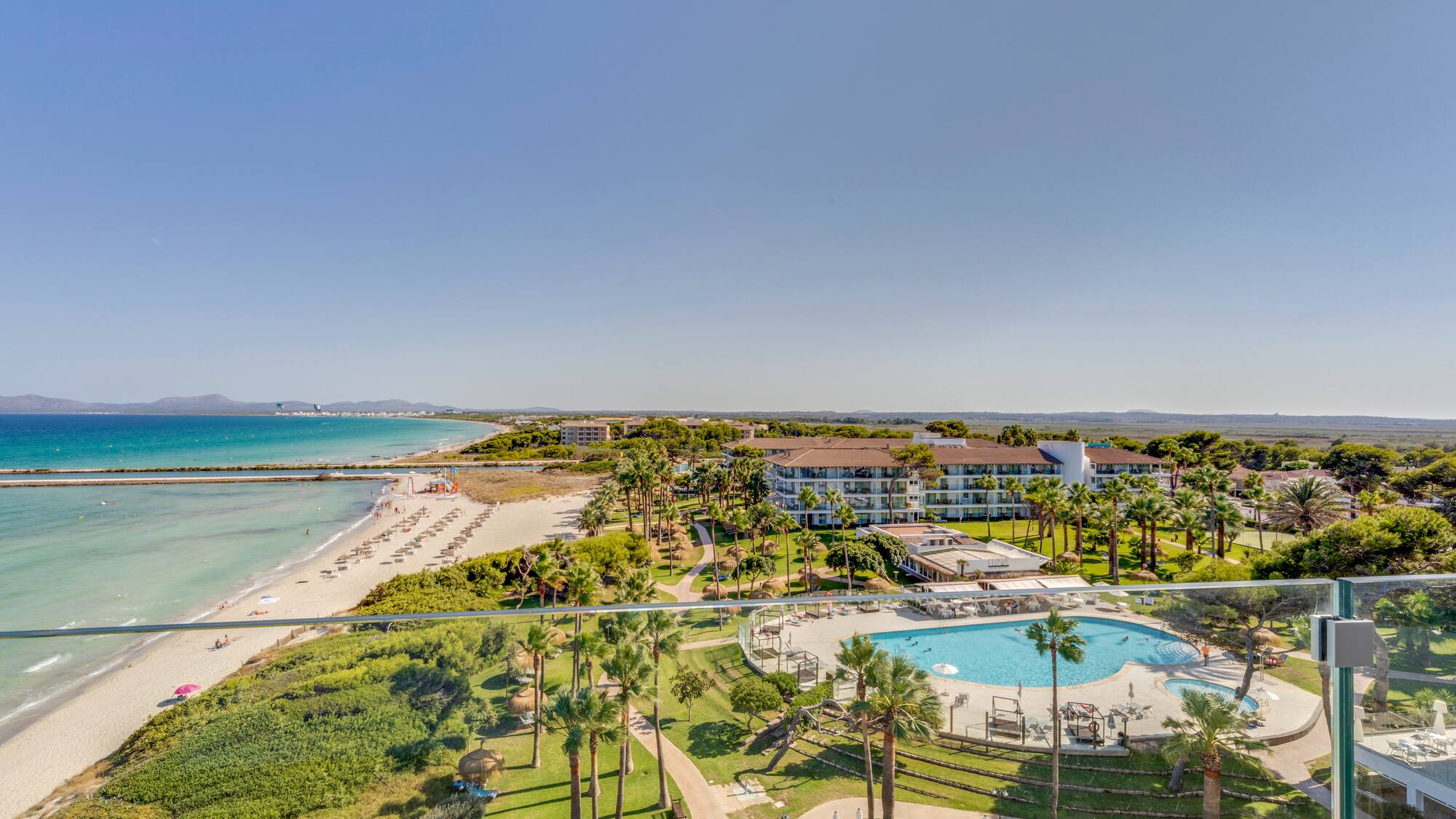 a pool and beach with palm trees