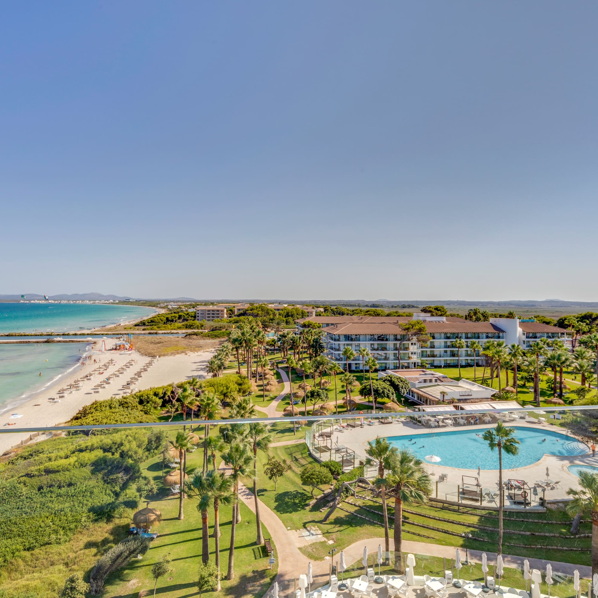 a pool and beach with palm trees