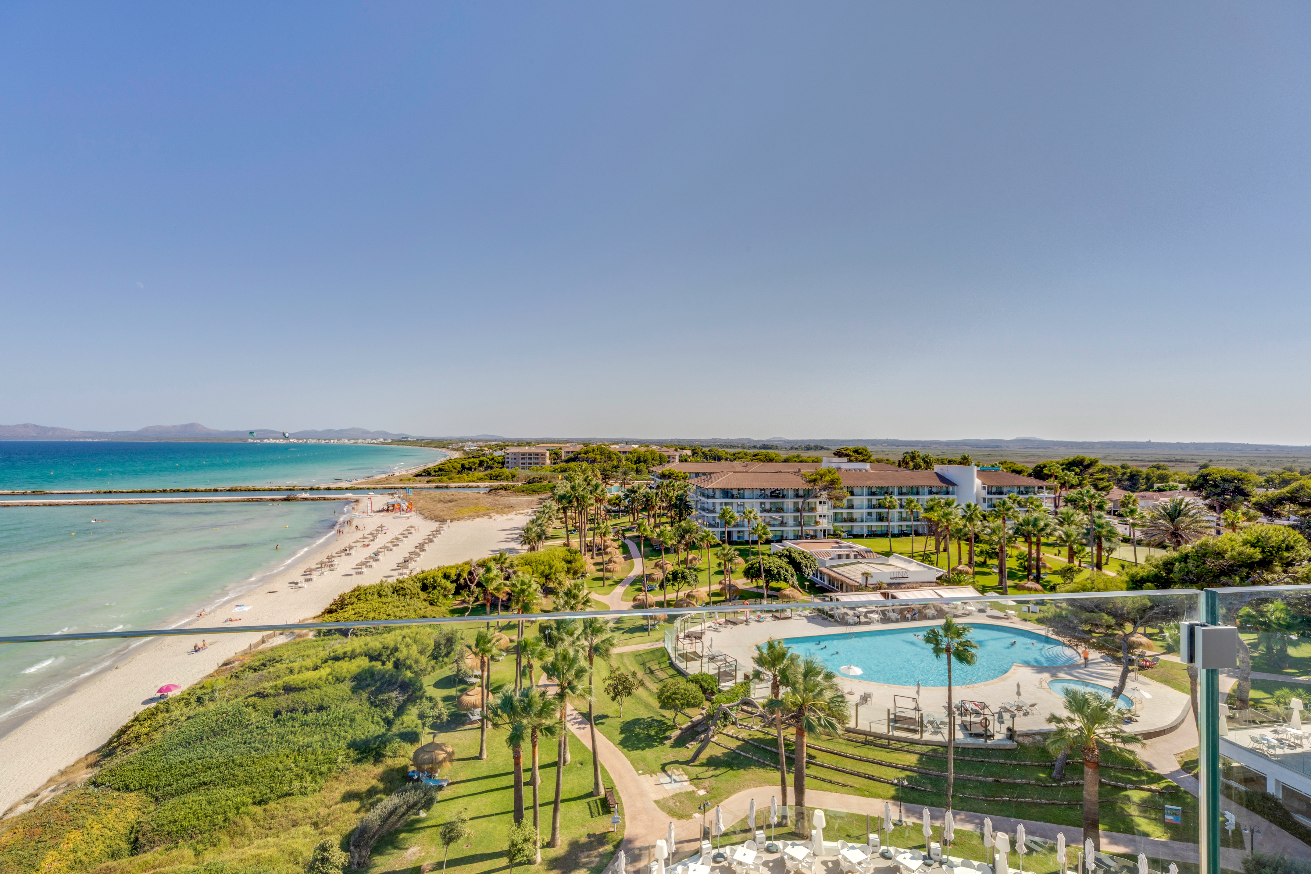 a pool and beach with palm trees