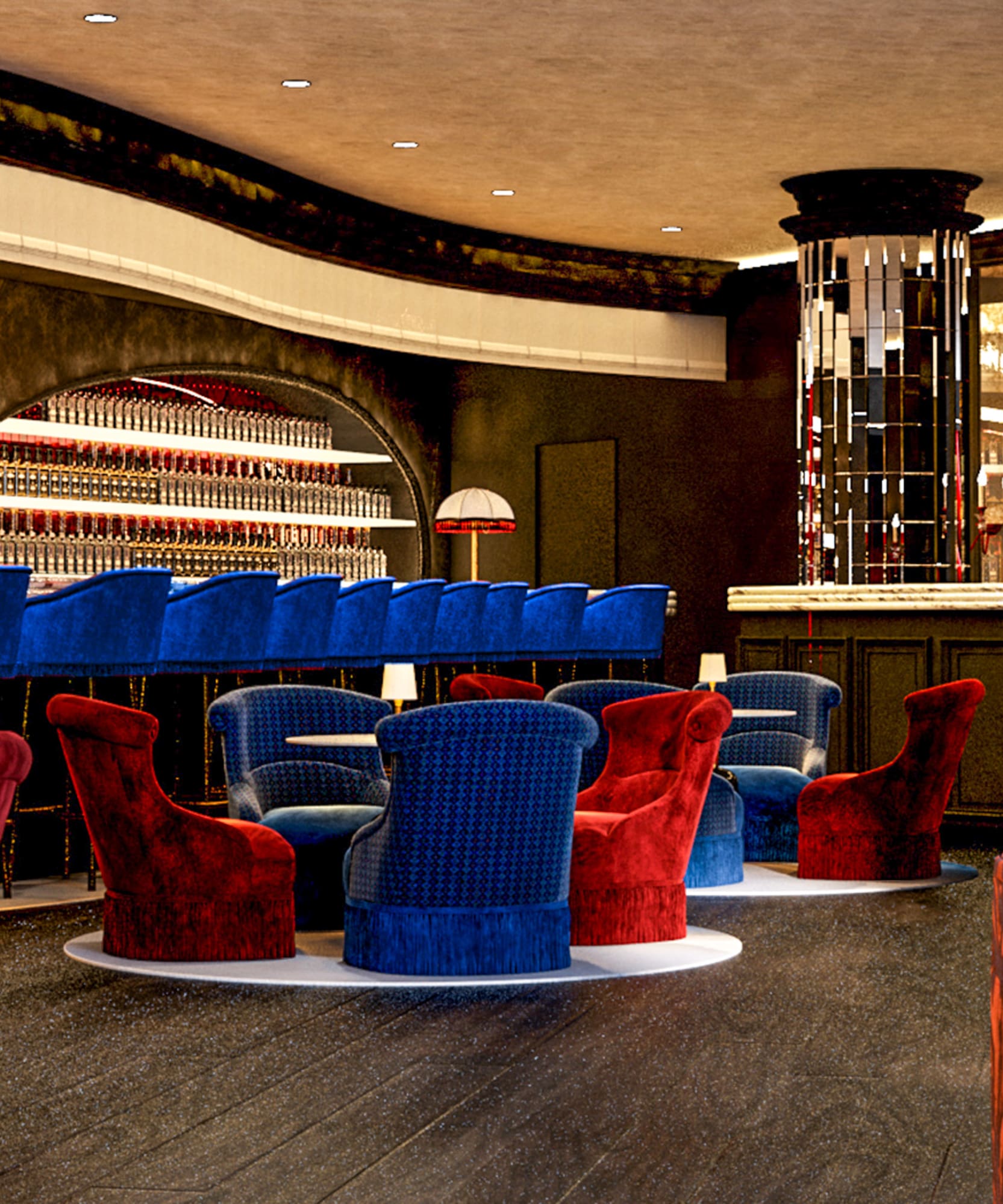 a room with a bar and chairs