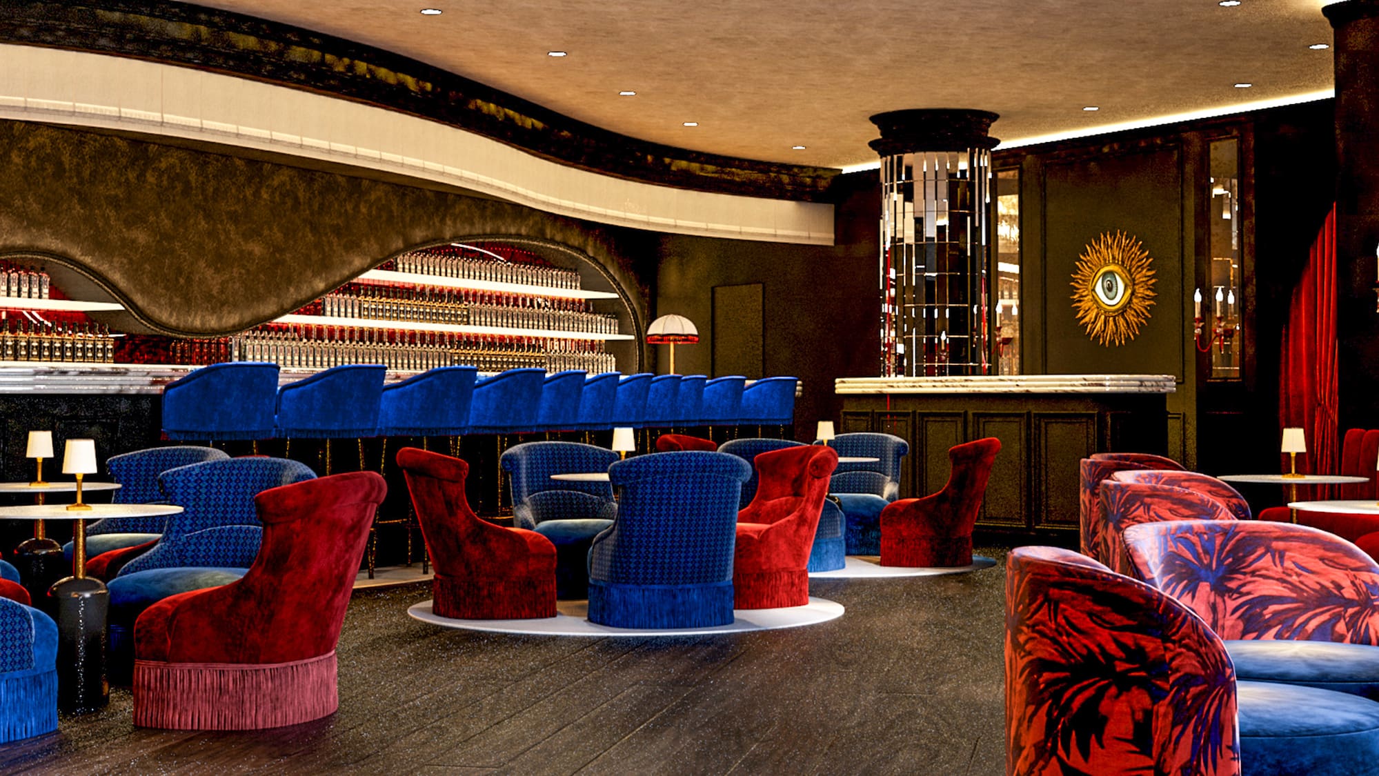 a room with a bar and chairs