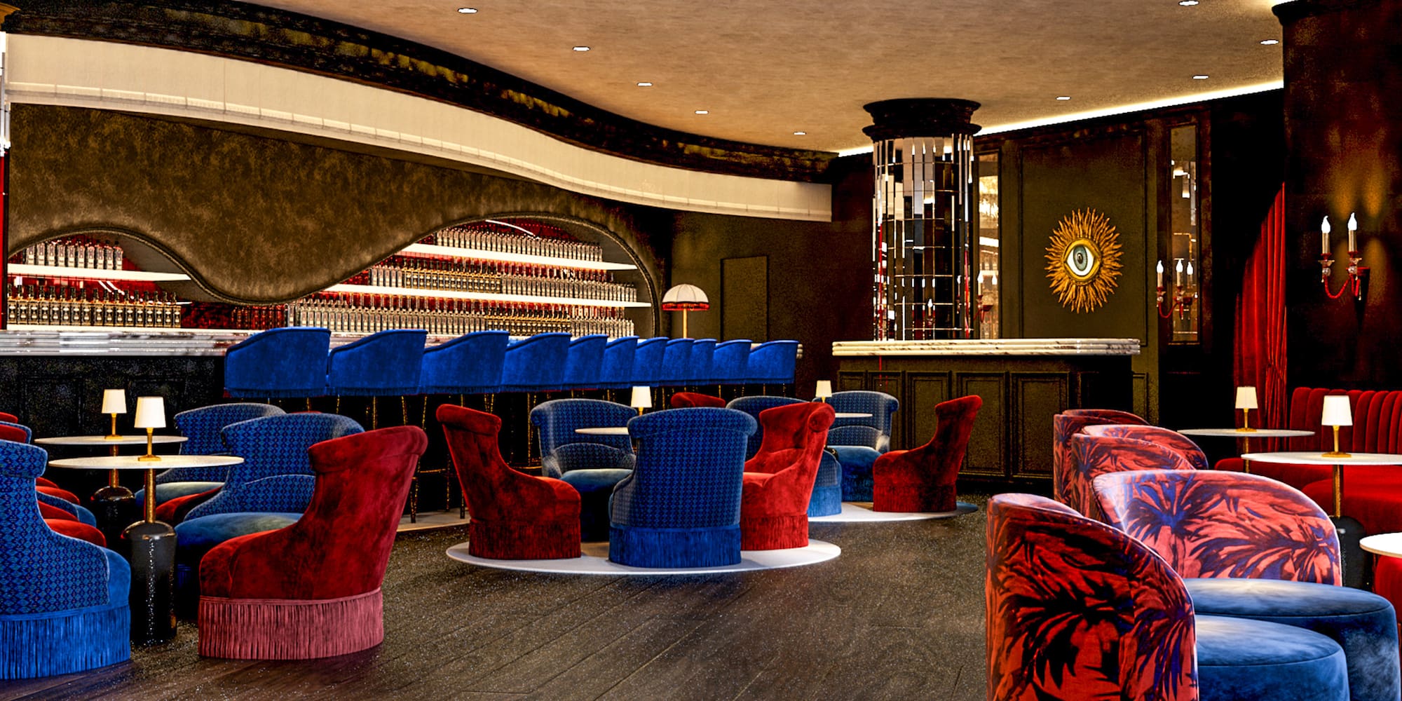 a room with a bar and chairs