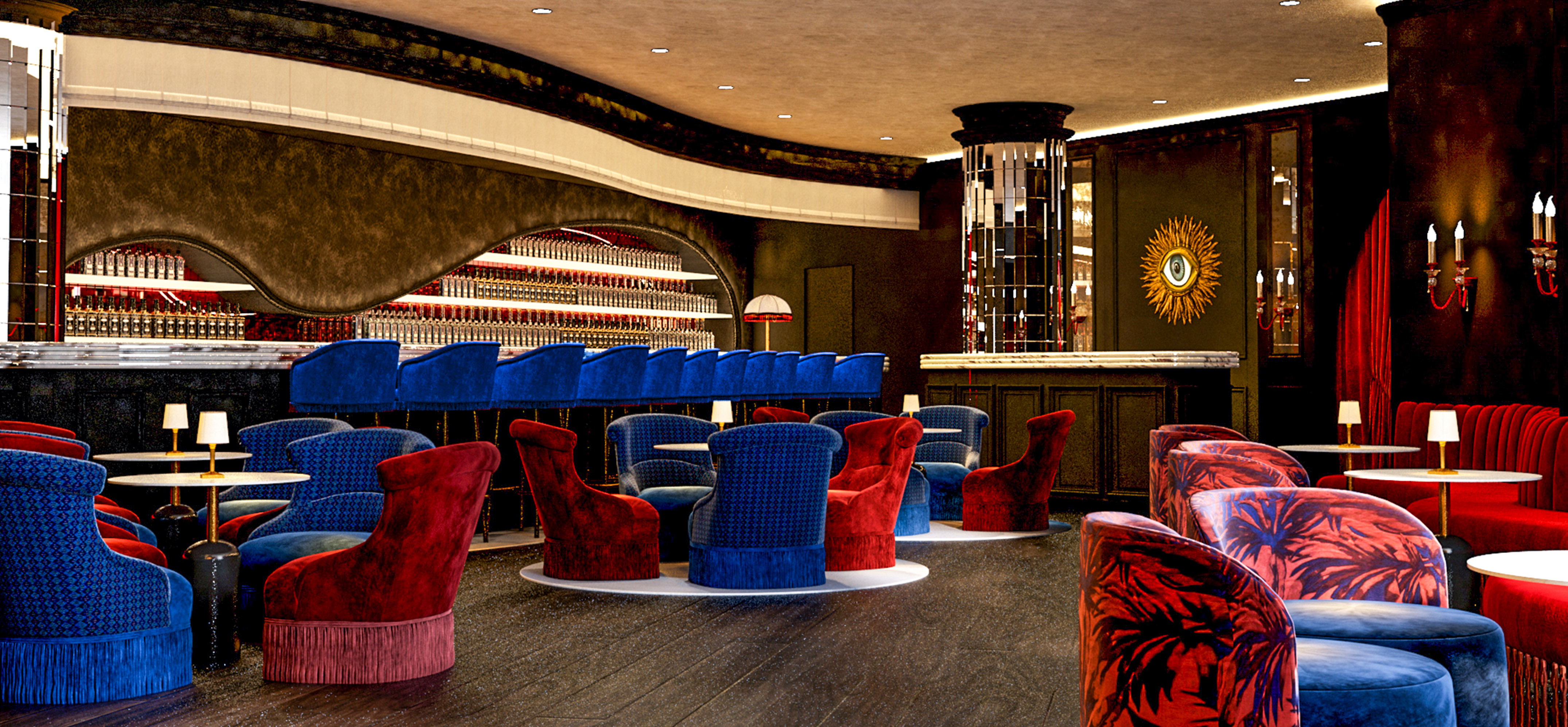 a room with a bar and chairs