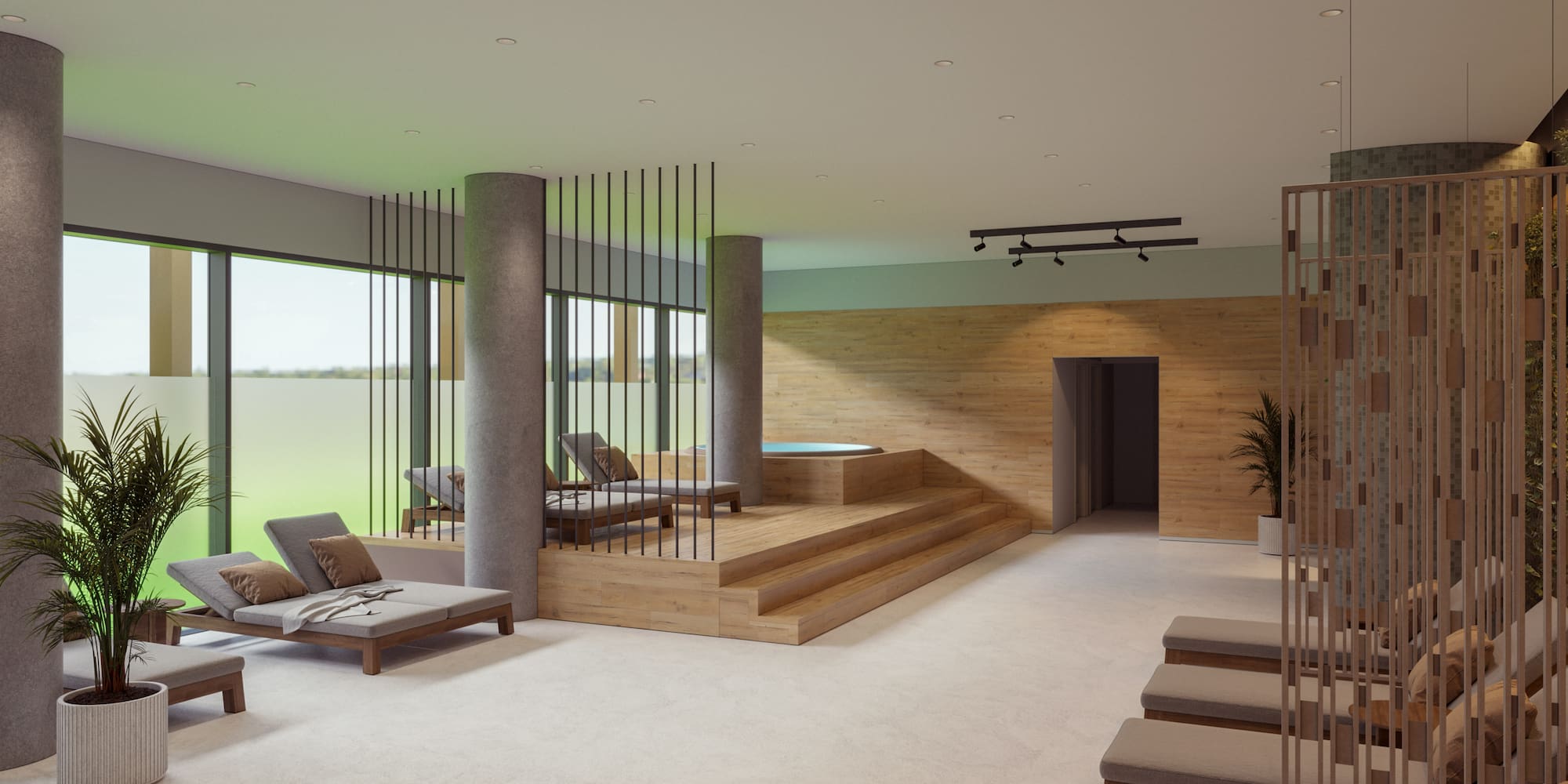 a room with a large staircase and a pool