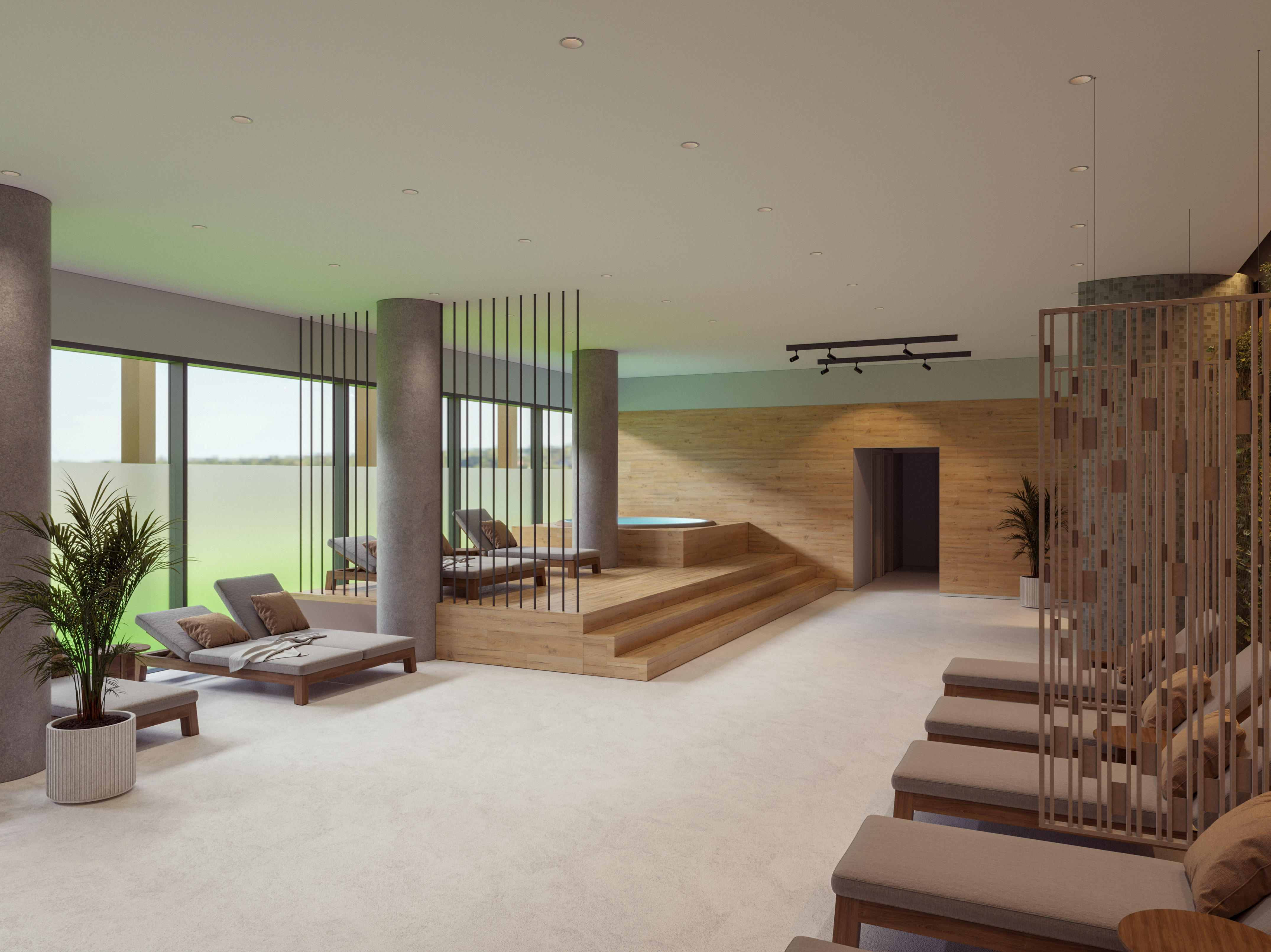 a room with a large staircase and a pool