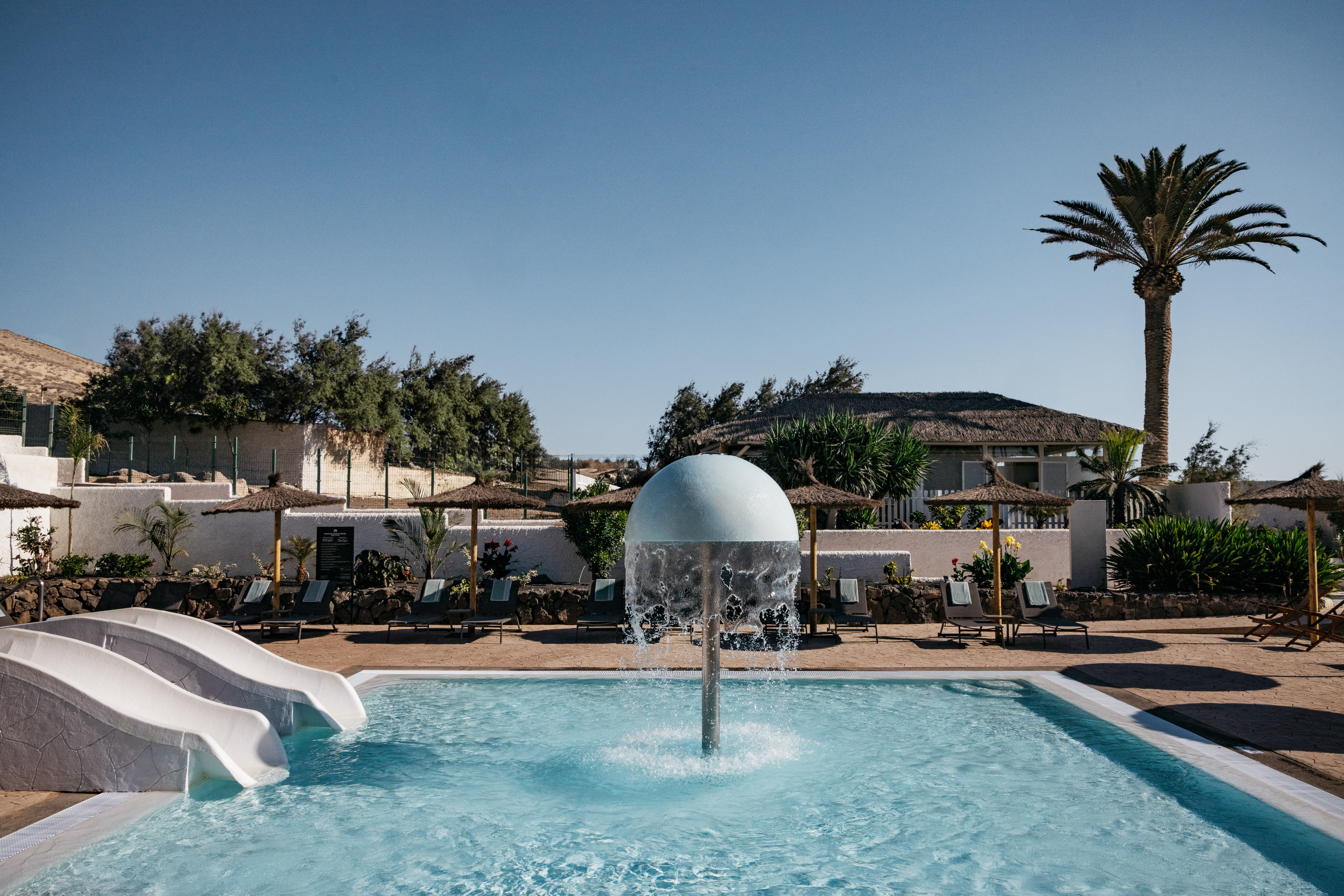 Tropical resort pool with waterslides, fountain, and palm trees.