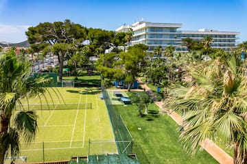 a tennis court and trees