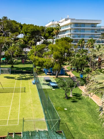 a tennis court and trees