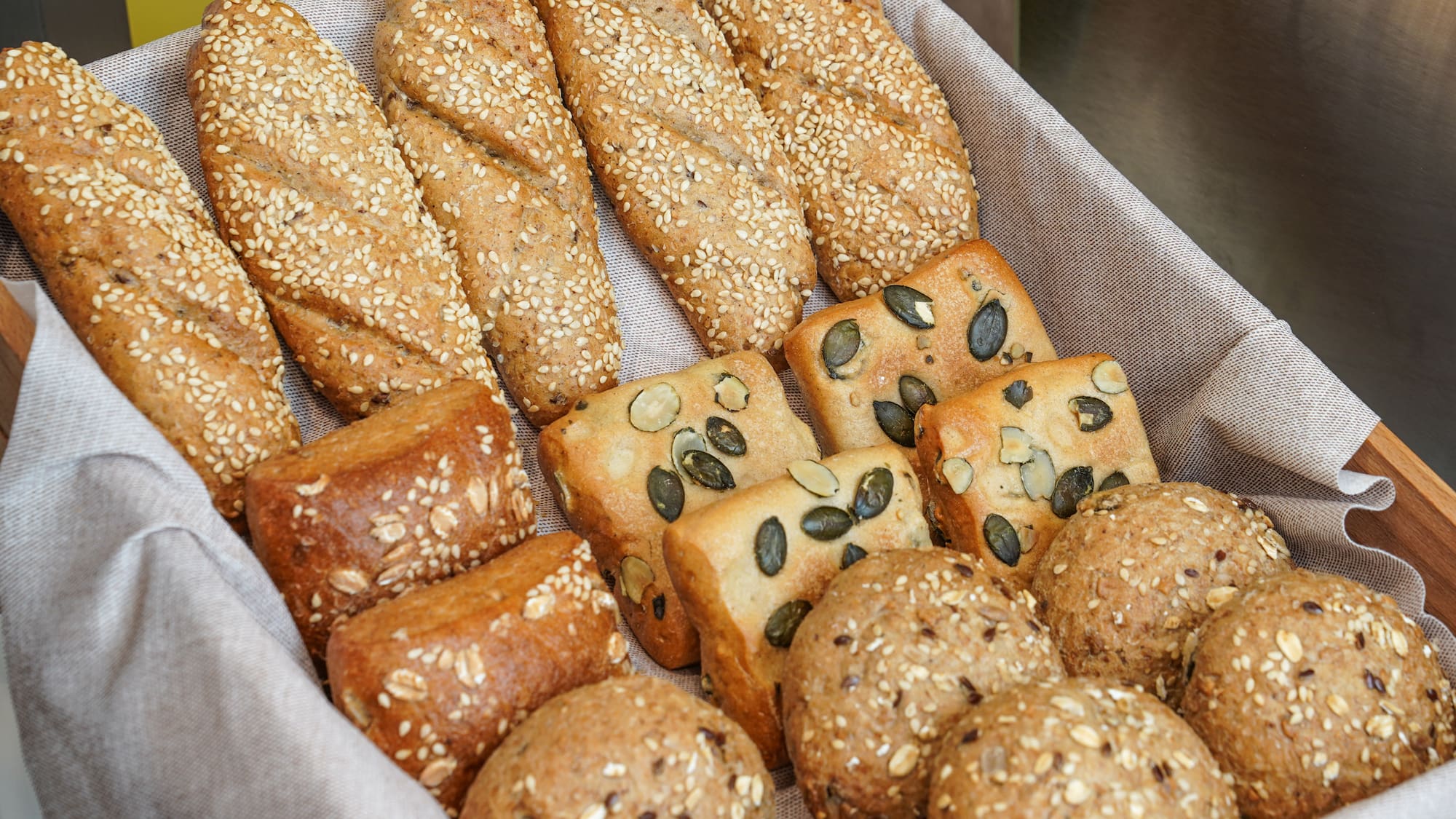 a tray of bread and rolls
