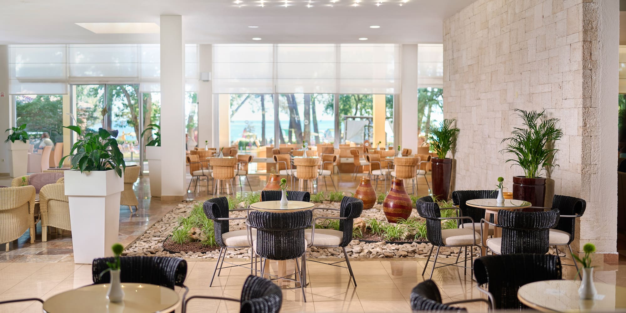 a room with tables and chairs