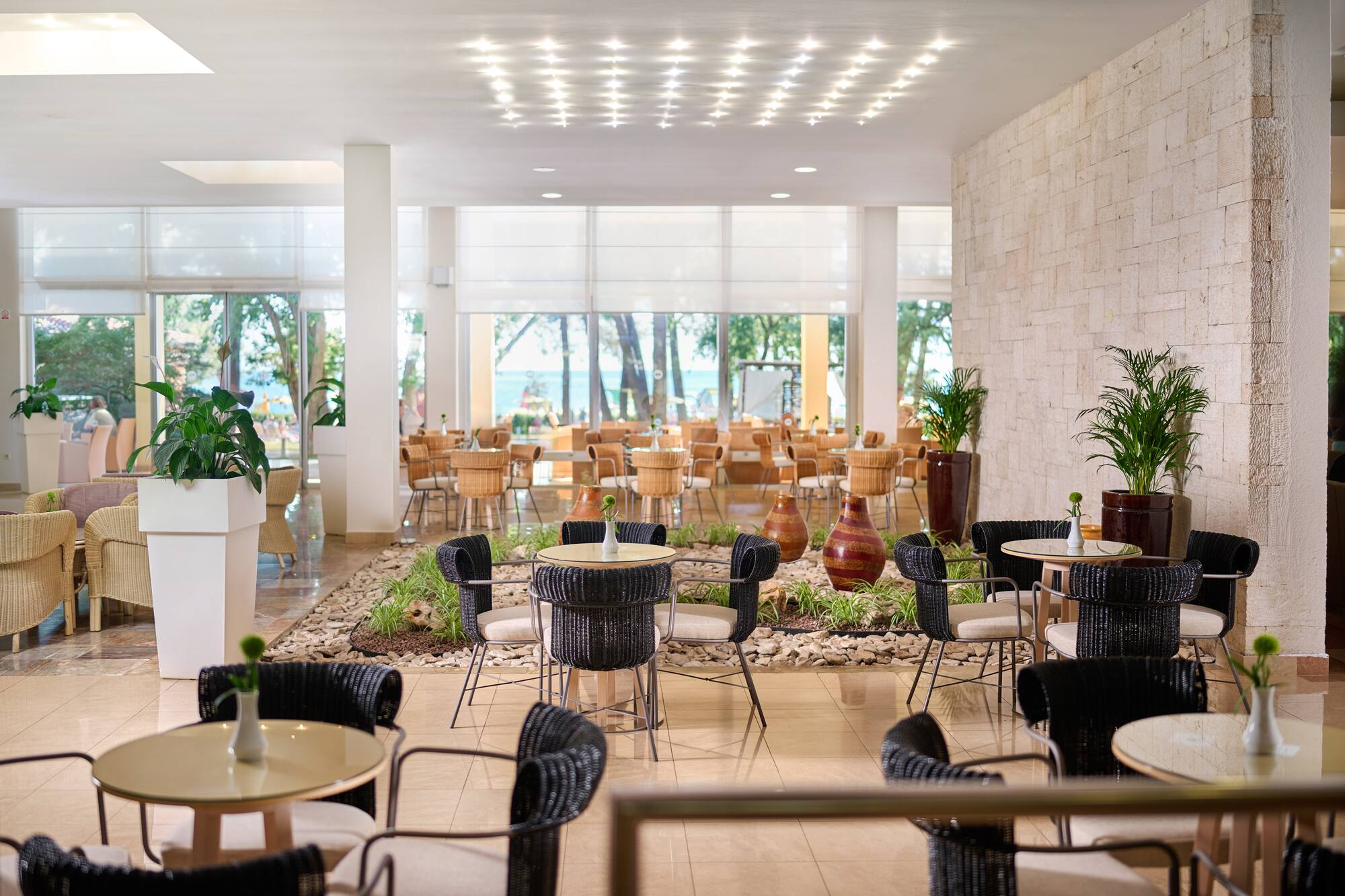 a room with tables and chairs