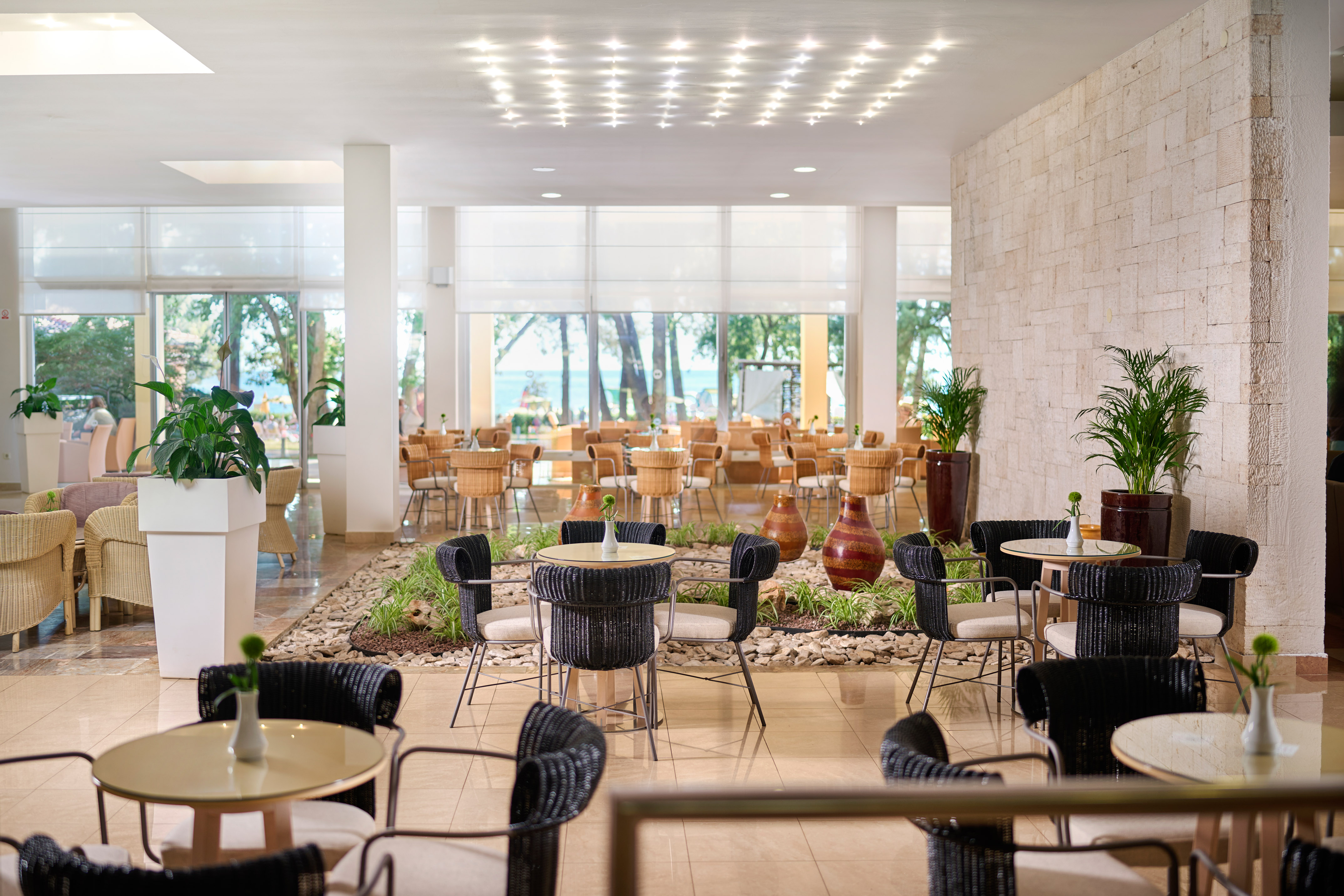 a room with tables and chairs