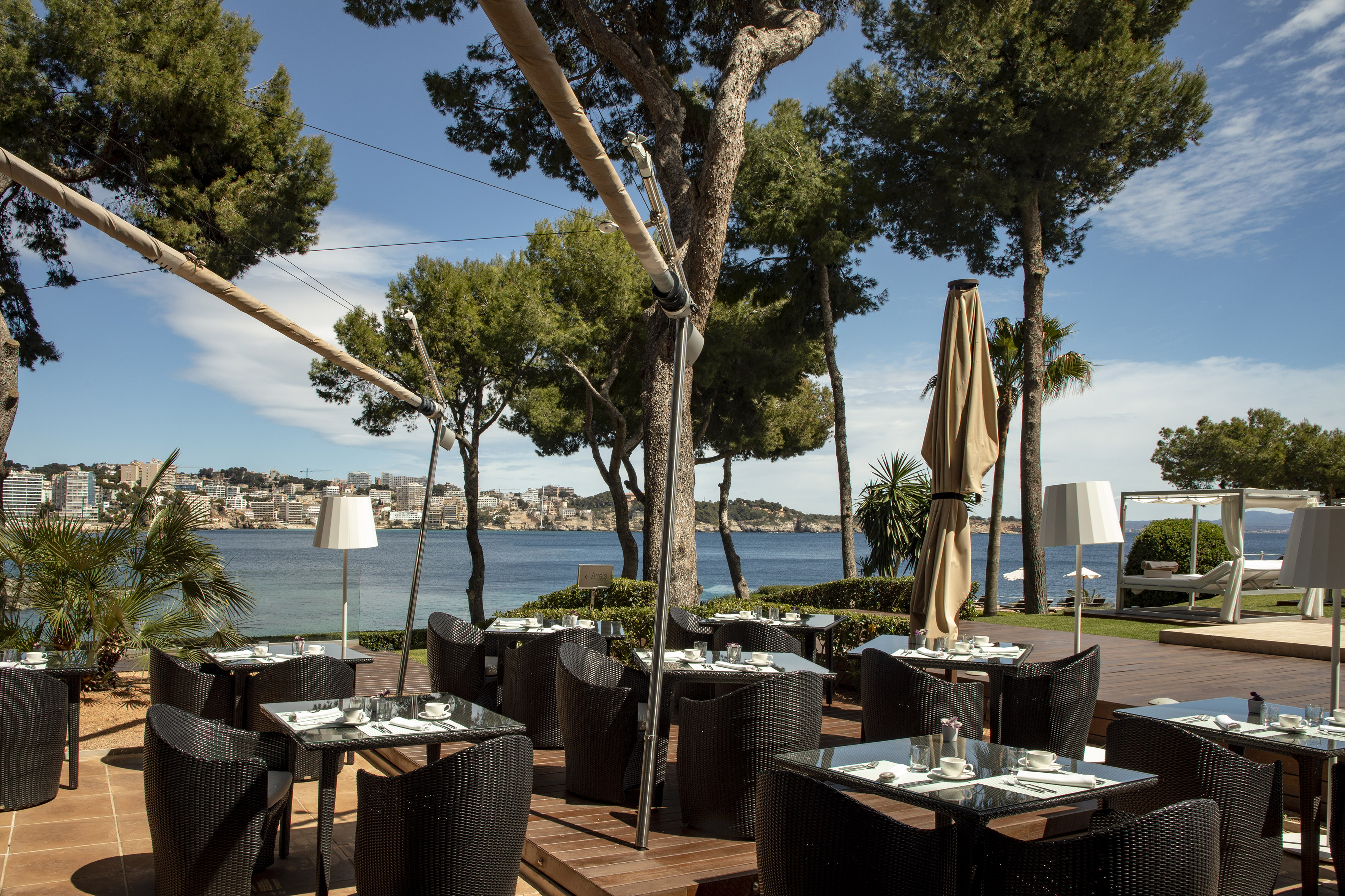Waterfront dining patio with set tables, large trees, and coastal city view.