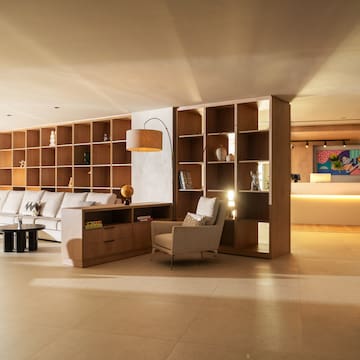 a room with a couch and shelves