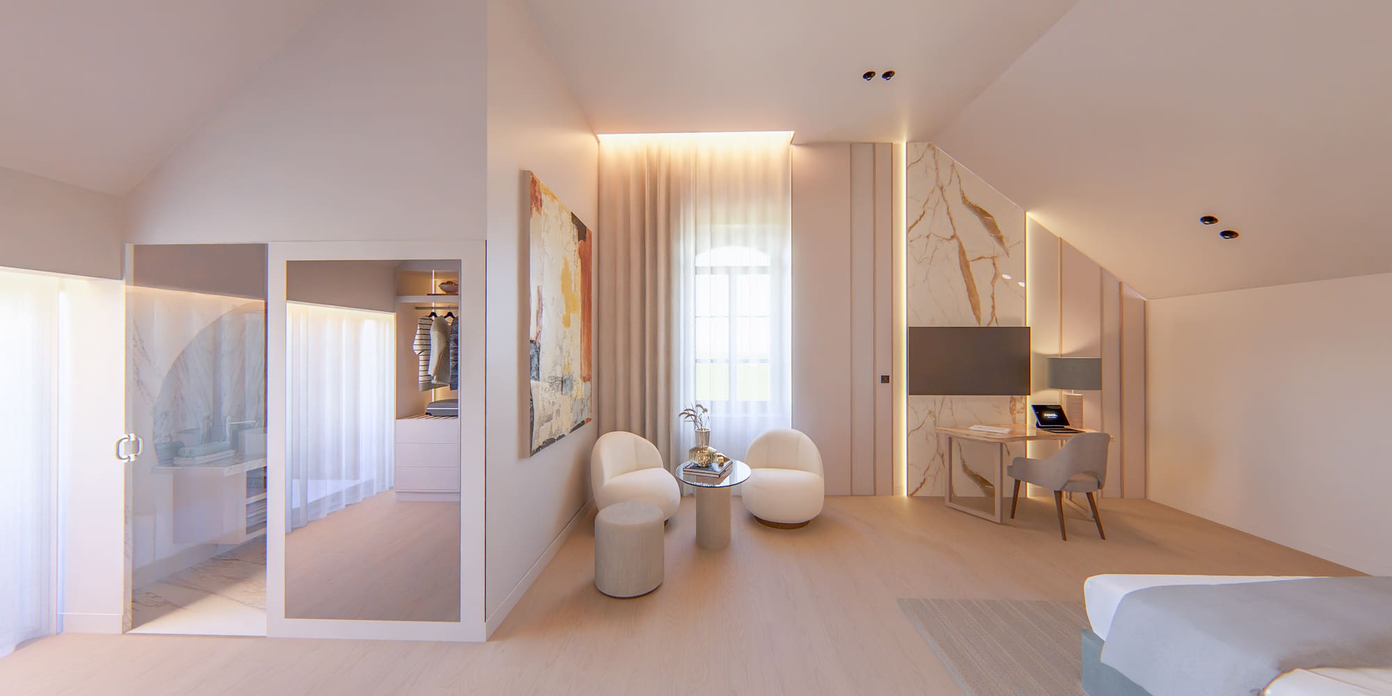 a room with a mirror and a table