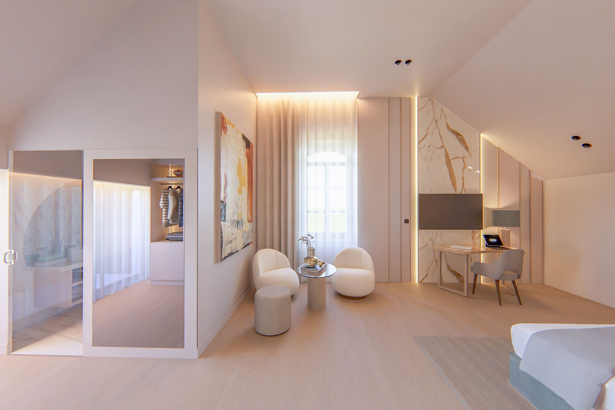 a room with a mirror and a table