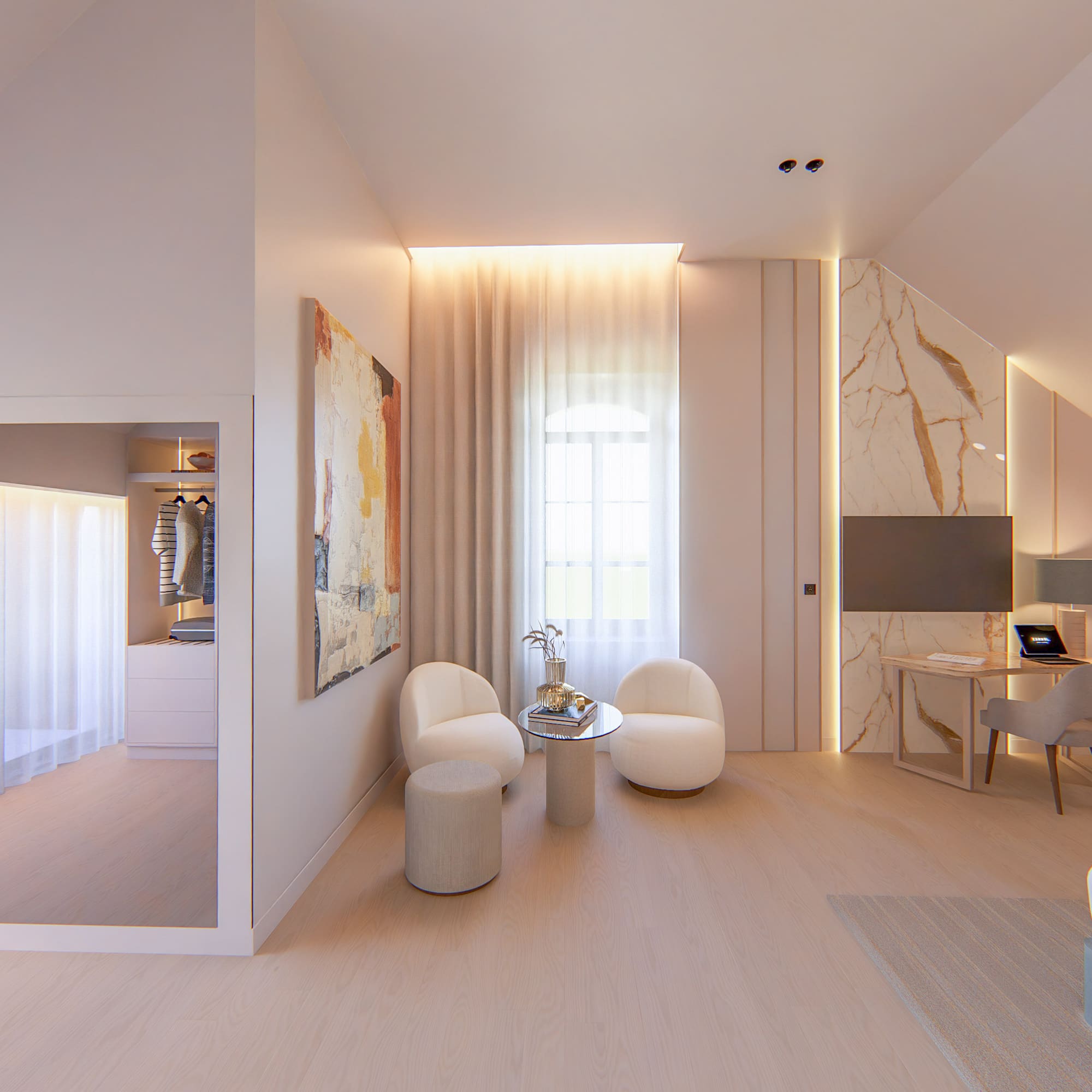 a room with a mirror and a table