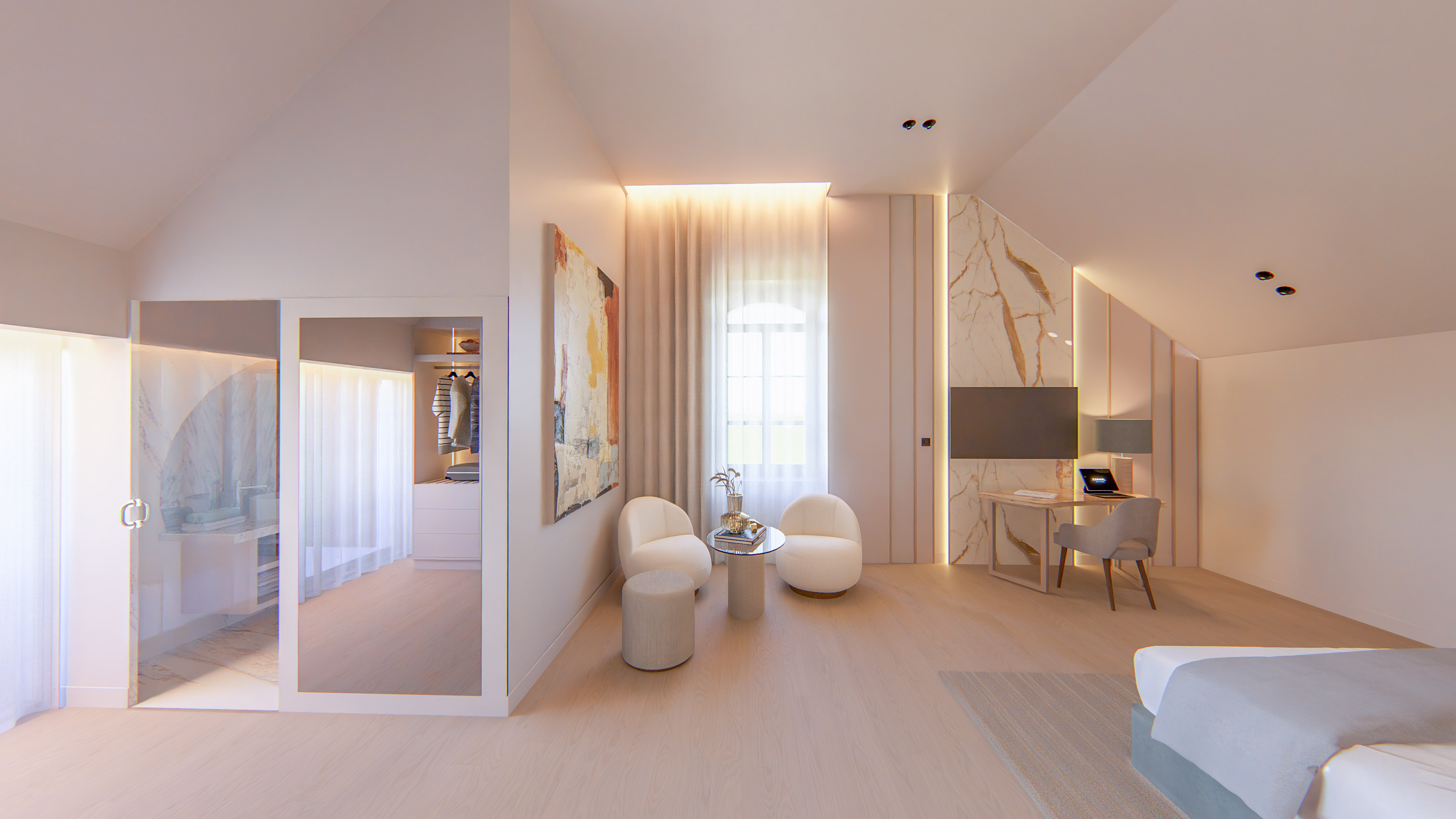 Modern attic bedroom suite, walk-in closet, sitting area, and work desk.