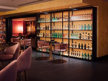 a room with a bar and a shelf with bottles of alcohol