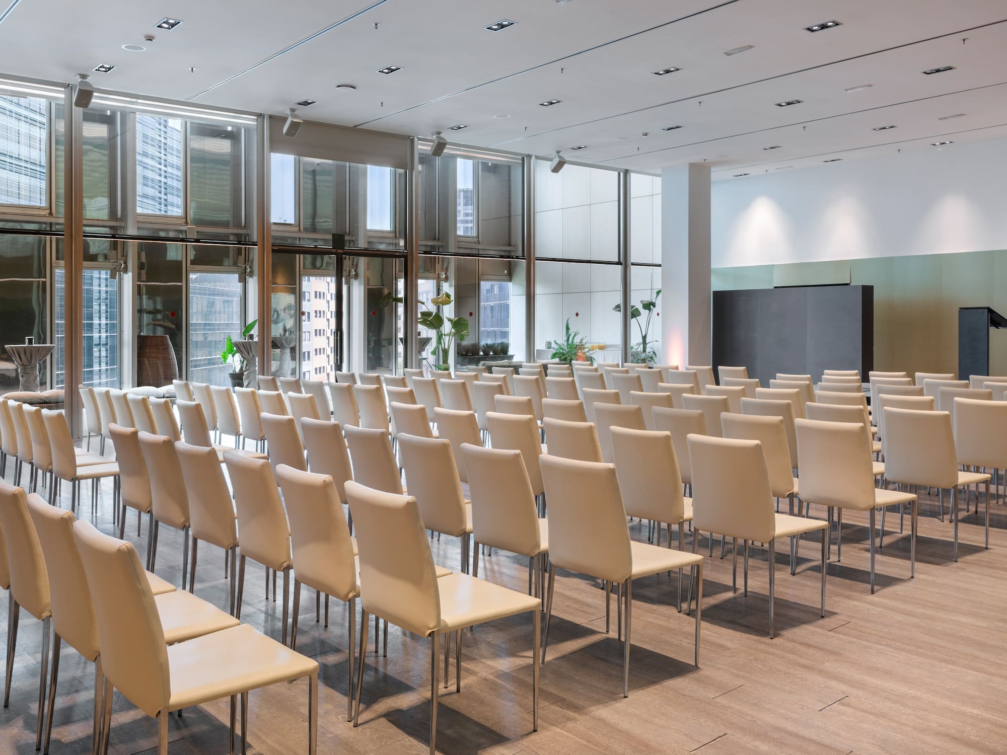 a room with rows of chairs
