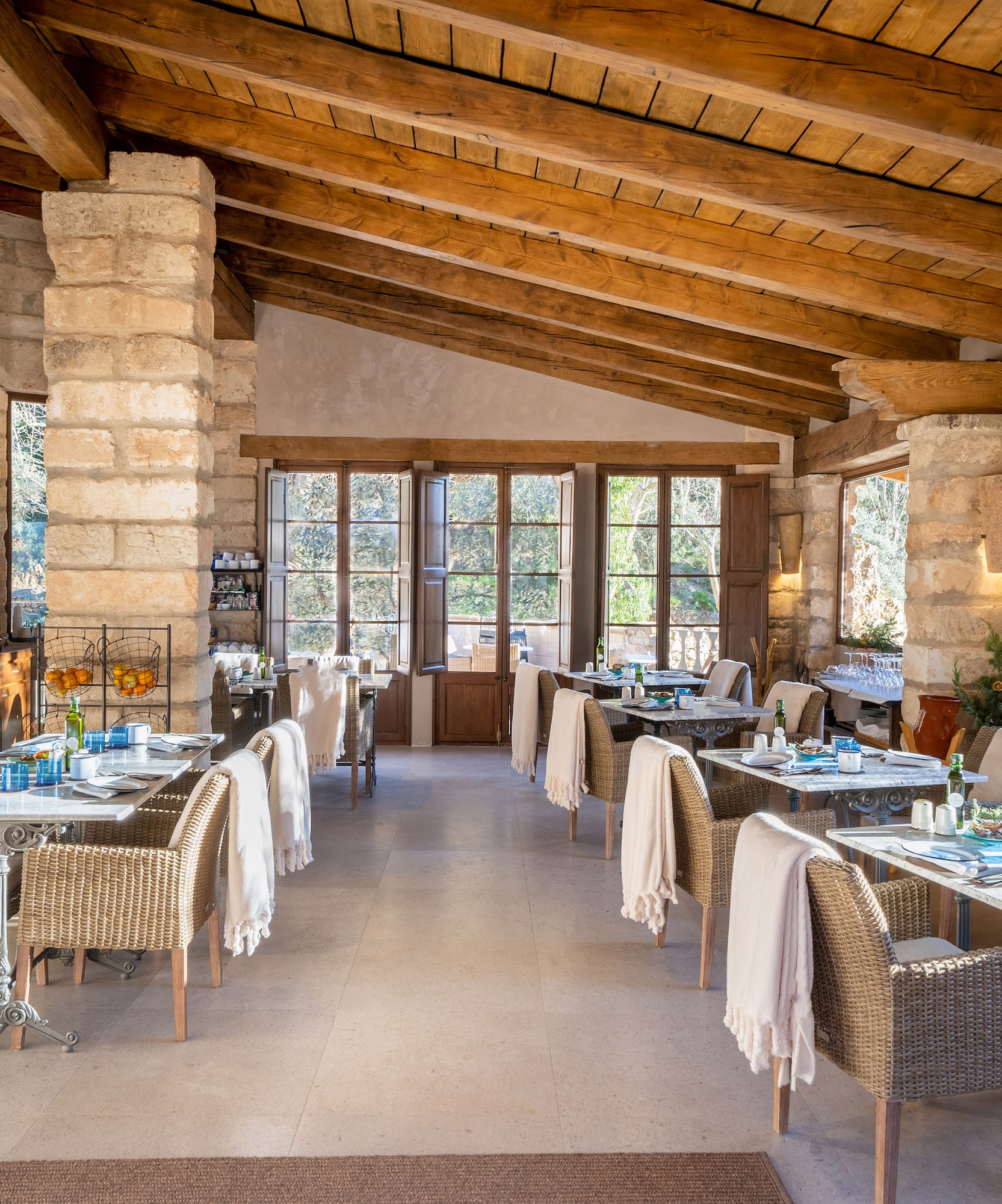 a room with tables and chairs