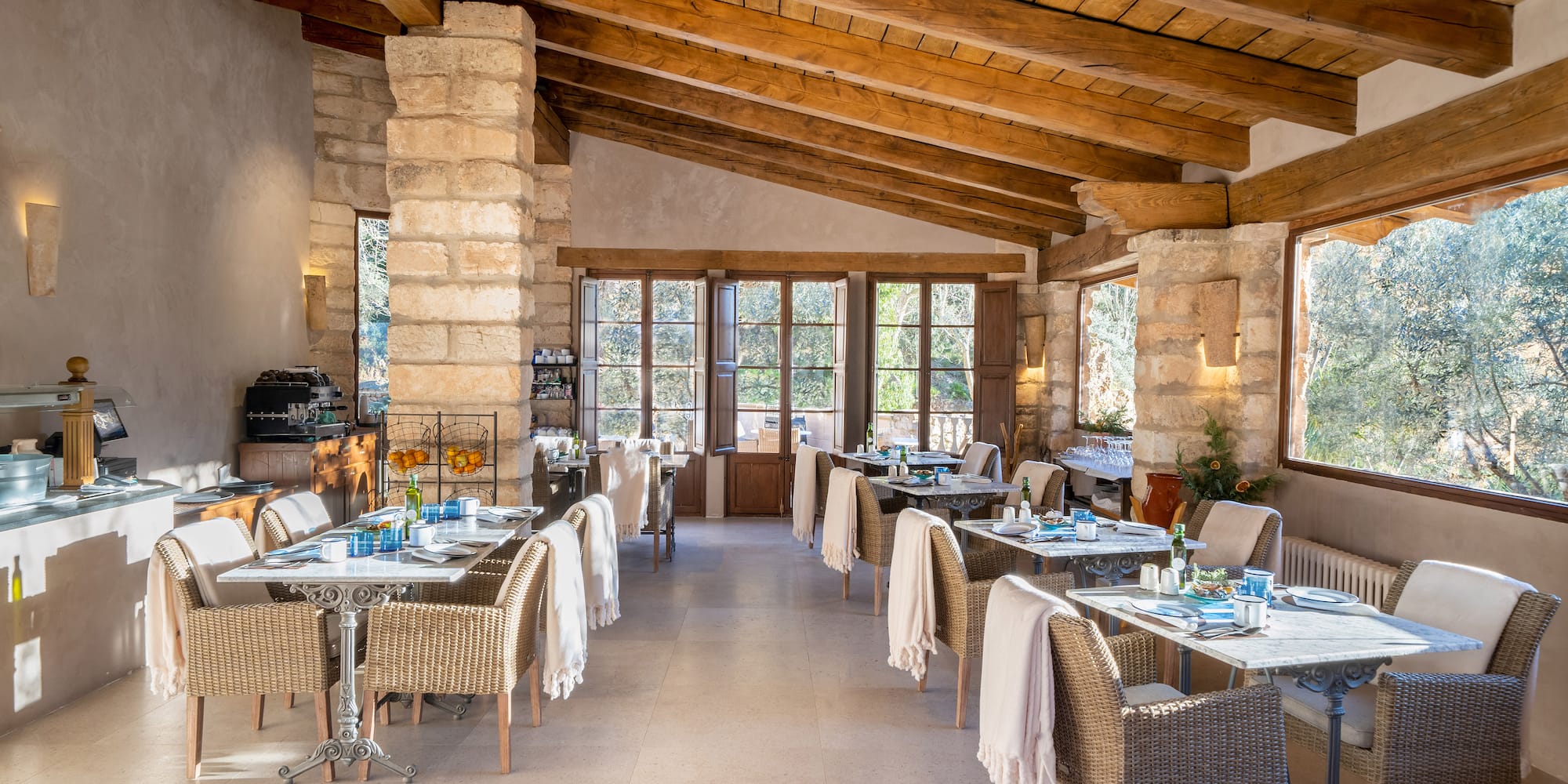 a room with tables and chairs