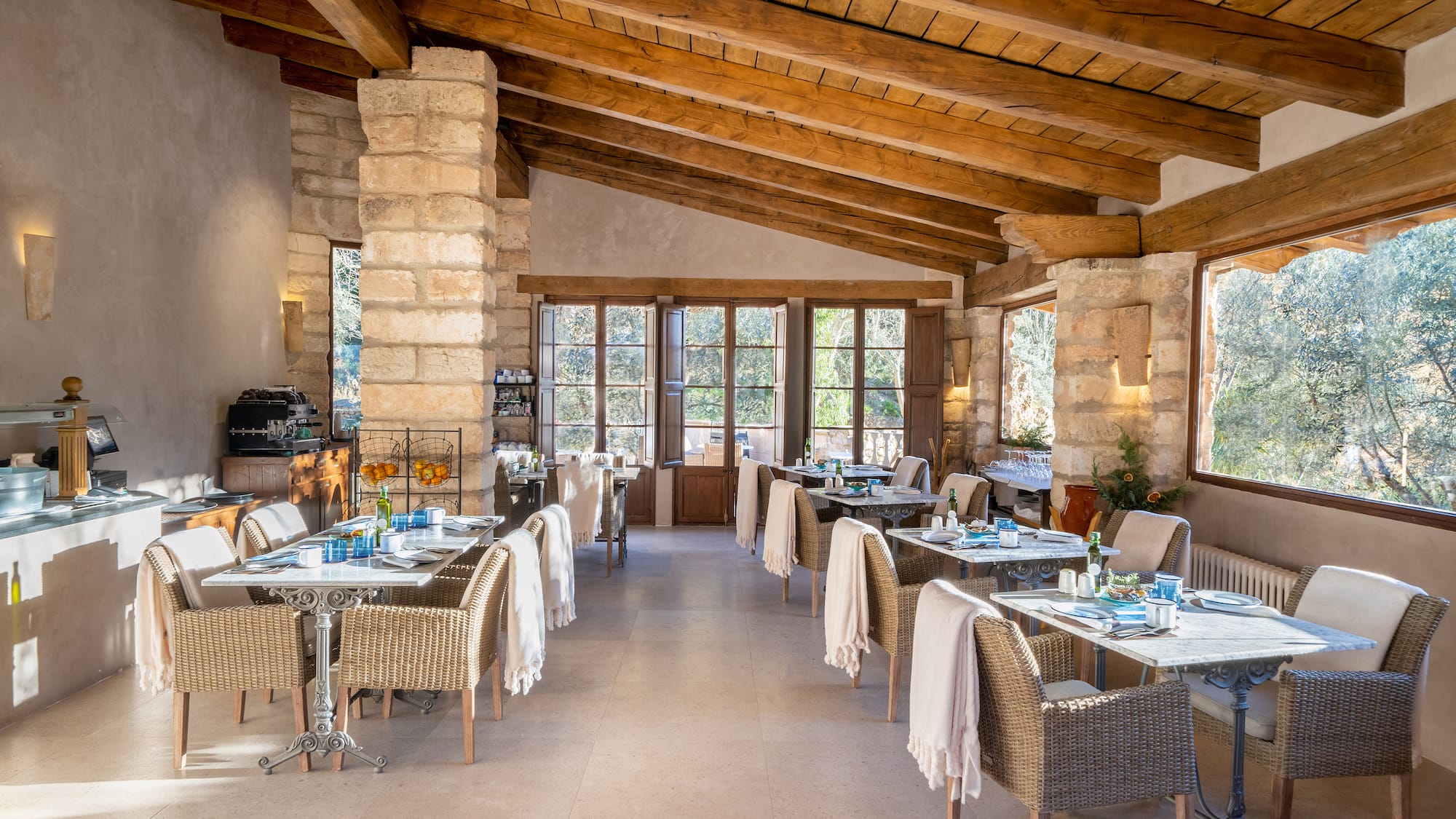 a room with tables and chairs