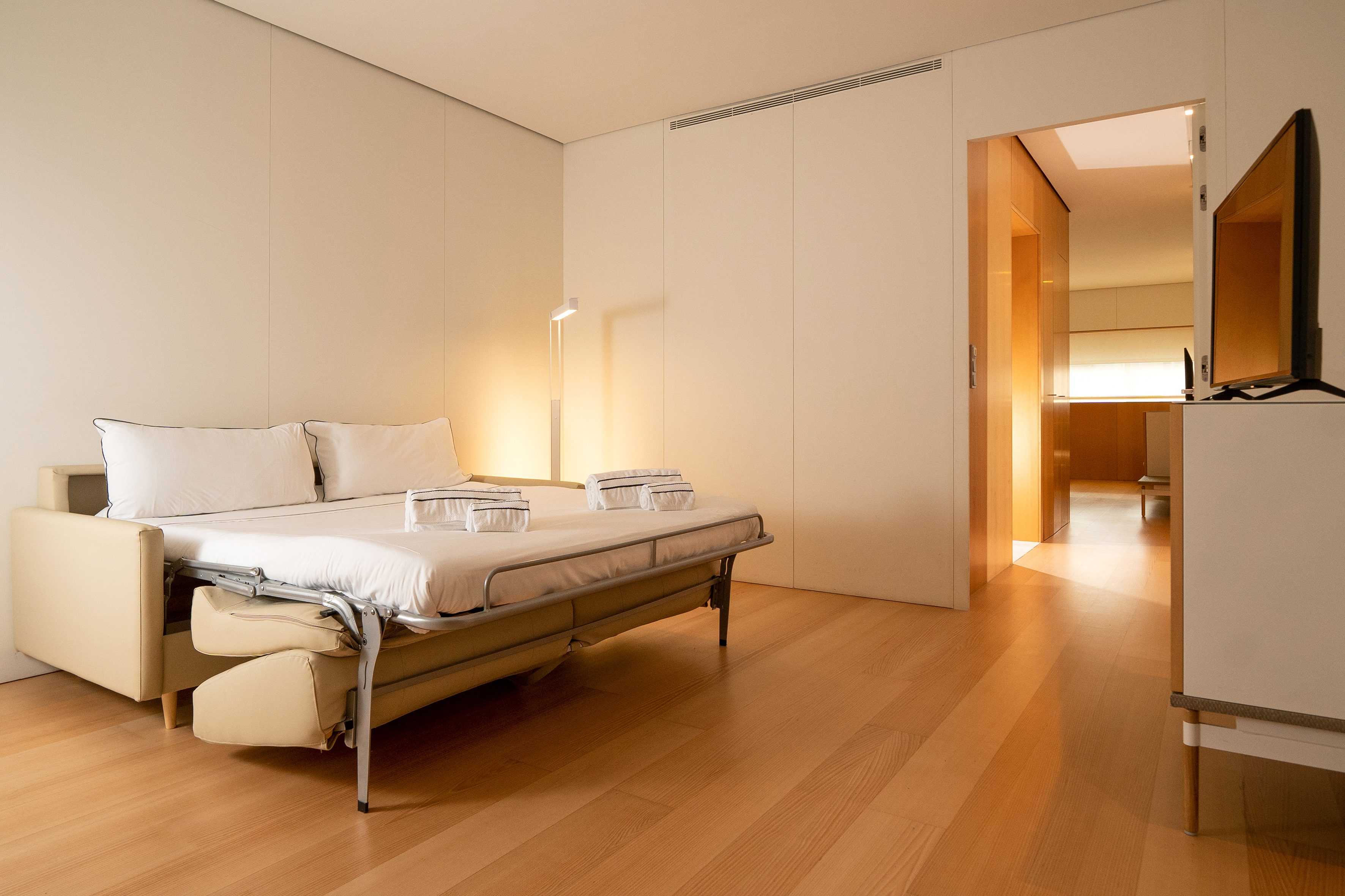 Modern studio apartment with a beige sofa bed, wood floor, and flat-screen TV.