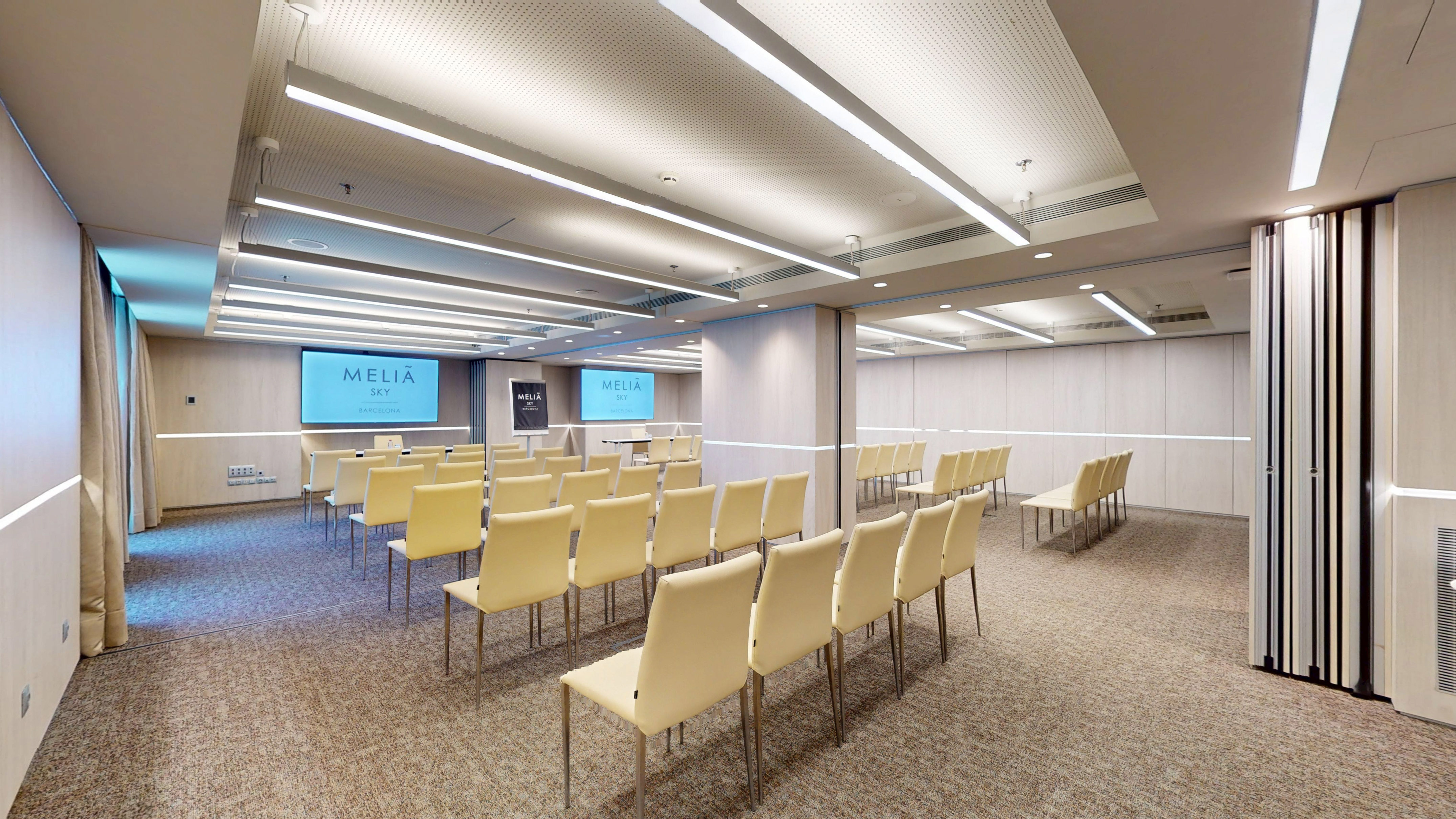 Meliá Sky modern meeting room with screen, rows of chairs, and light wood design.