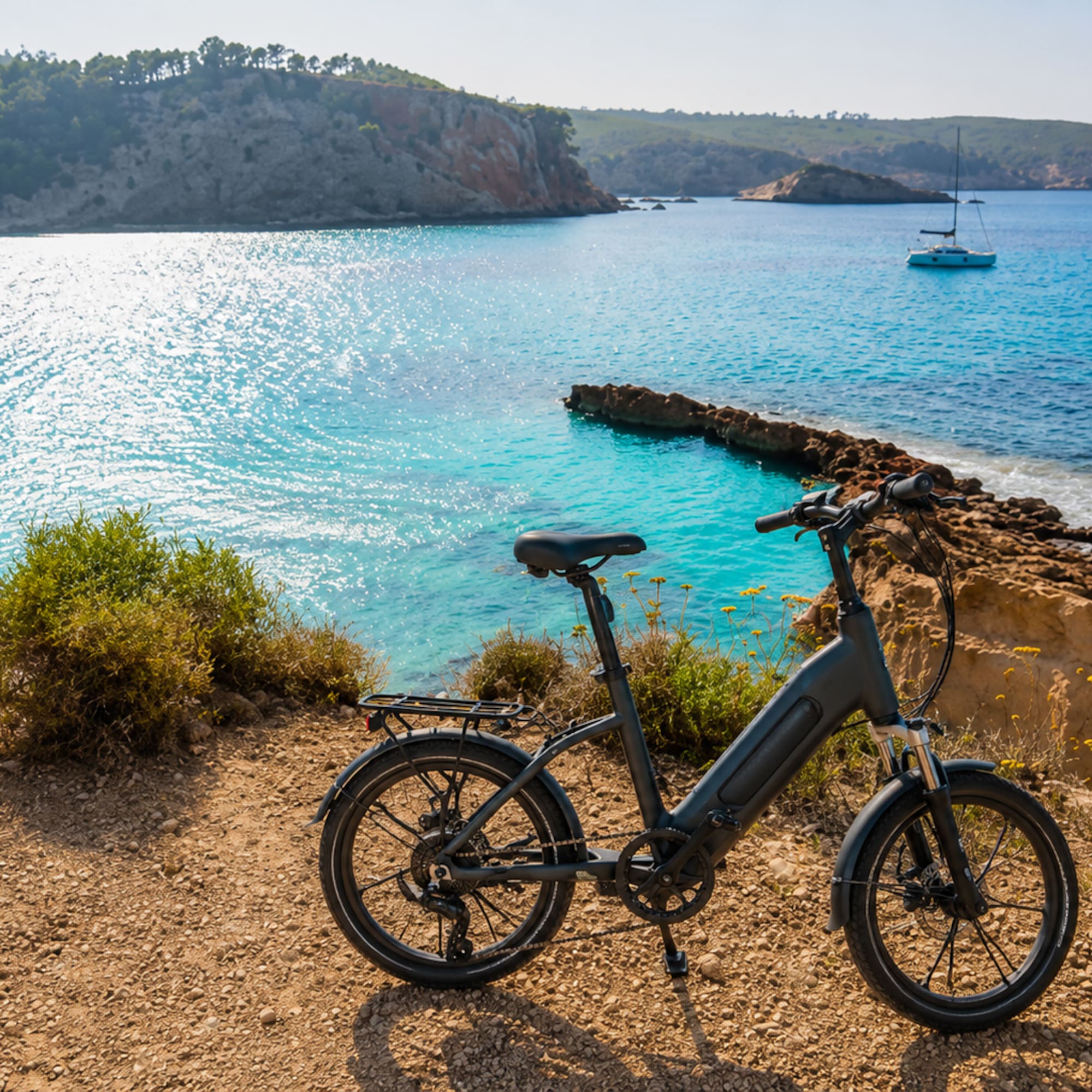 Black e-bike on coastal path overlooking turquoise ocean bay and hills.