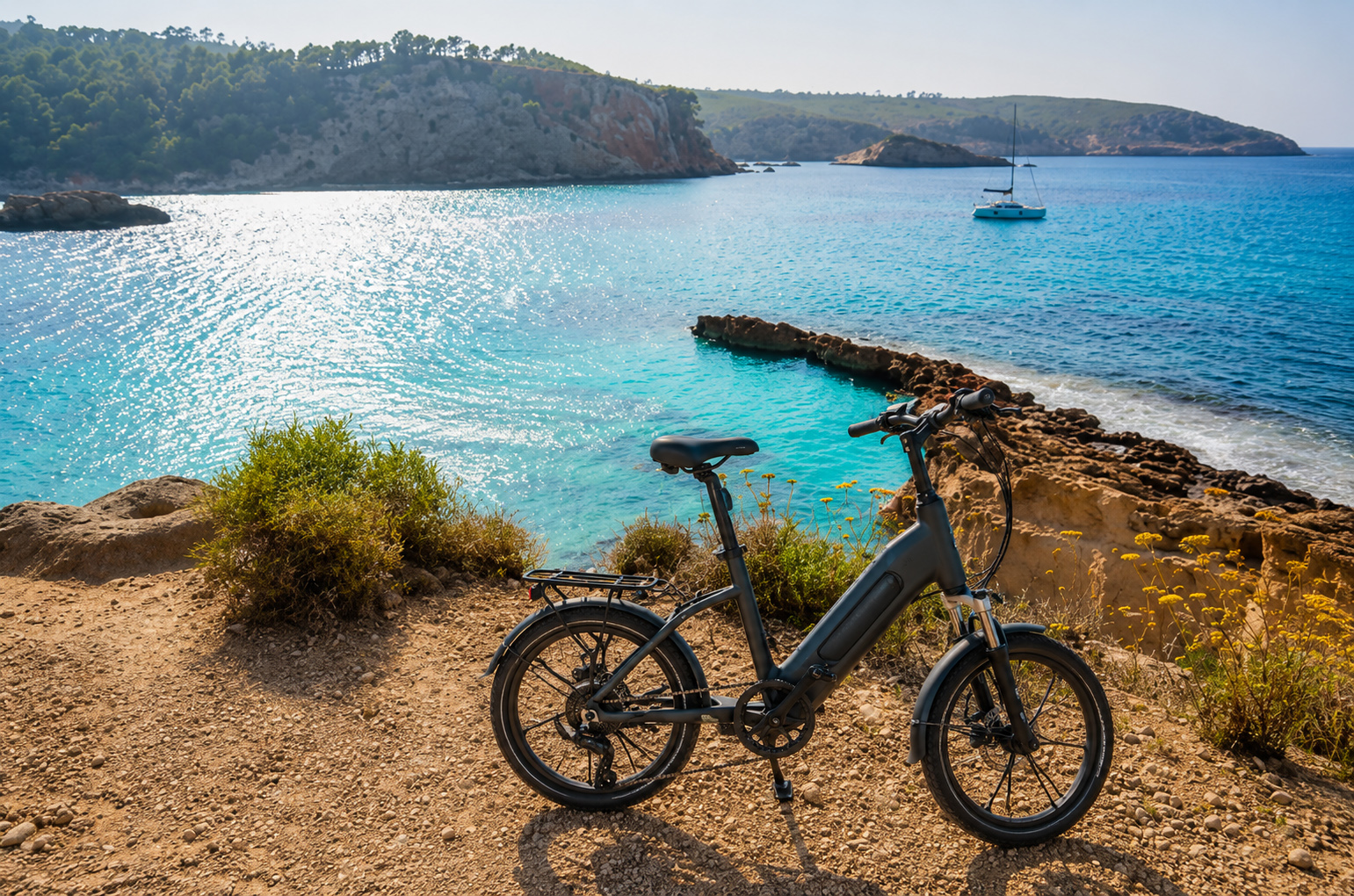 Black e-bike on coastal path overlooking turquoise ocean bay and hills.