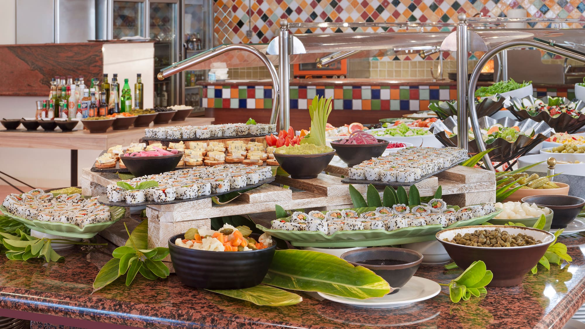 a buffet table with different food items