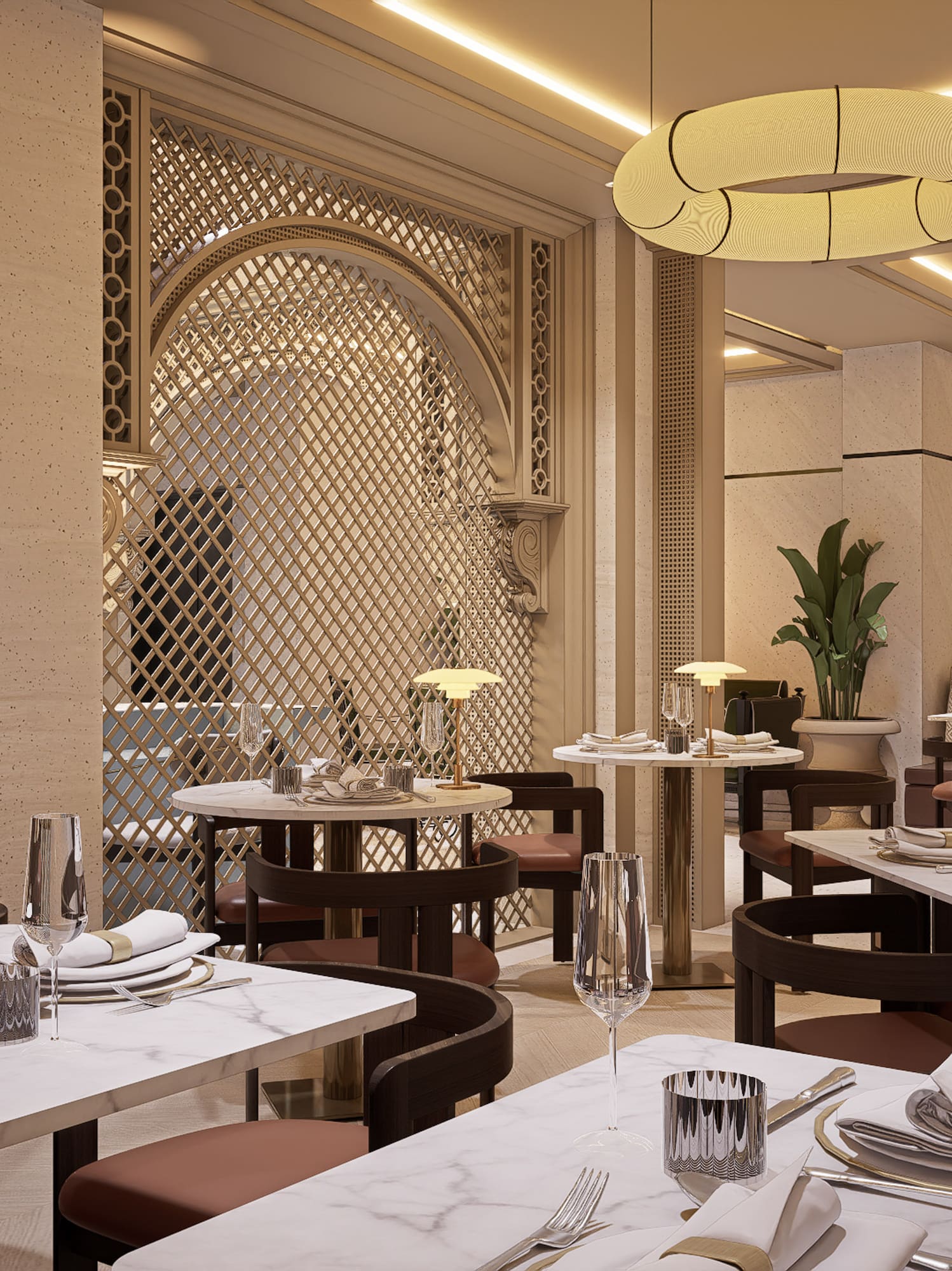Luxury restaurant dining room with marble tables and ornate lattice screen.
